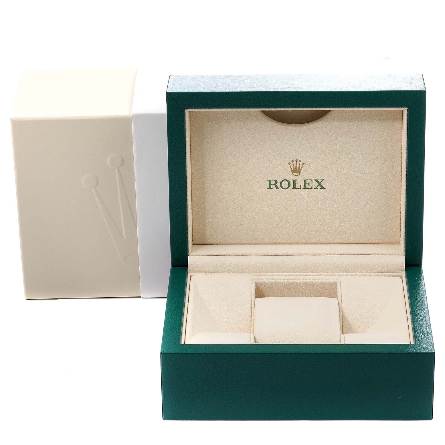 The image shows an open Rolex Datejust 279160 Women's Stainless Steel Brown Dial 279160 Women's Stainless Steel Brown Dial watch box, showcasing its interior compartments and the Rolex branding.