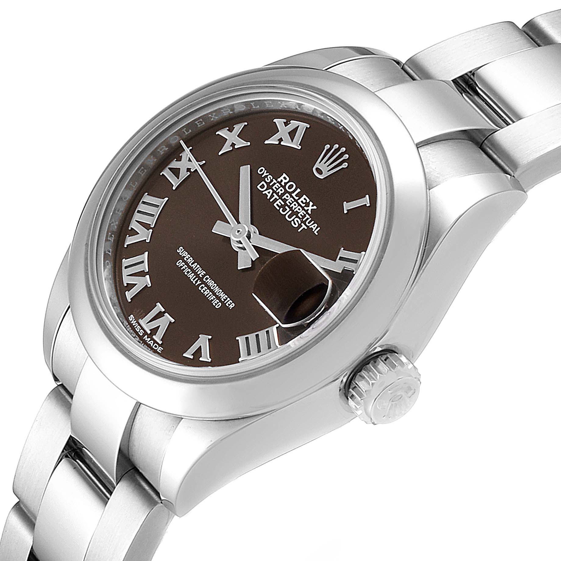 This image shows a close-up of the Rolex Datejust 279160 Women's Stainless Steel Brown Dial 279160 Women's Stainless Steel Brown Dial watch, highlighting the dial, crown, and part of the bracelet from a side angle.