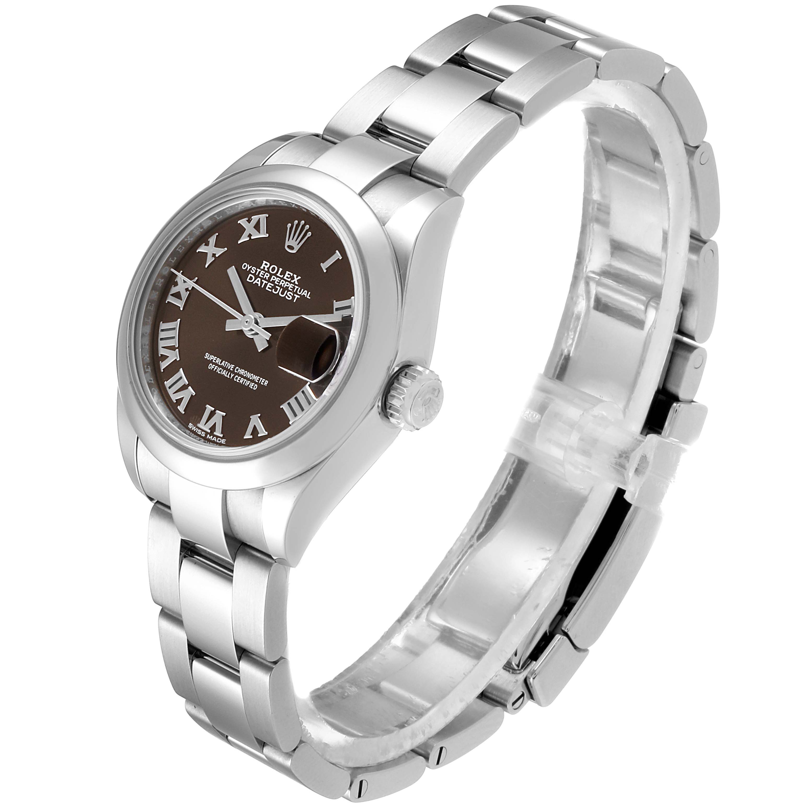 The Rolex Datejust 279160 Women's Stainless Steel Brown Dial 279160 Women's Stainless Steel Brown Dial watch is shown from a slight angle, highlighting the dial, case, crown, and part of the bracelet.
