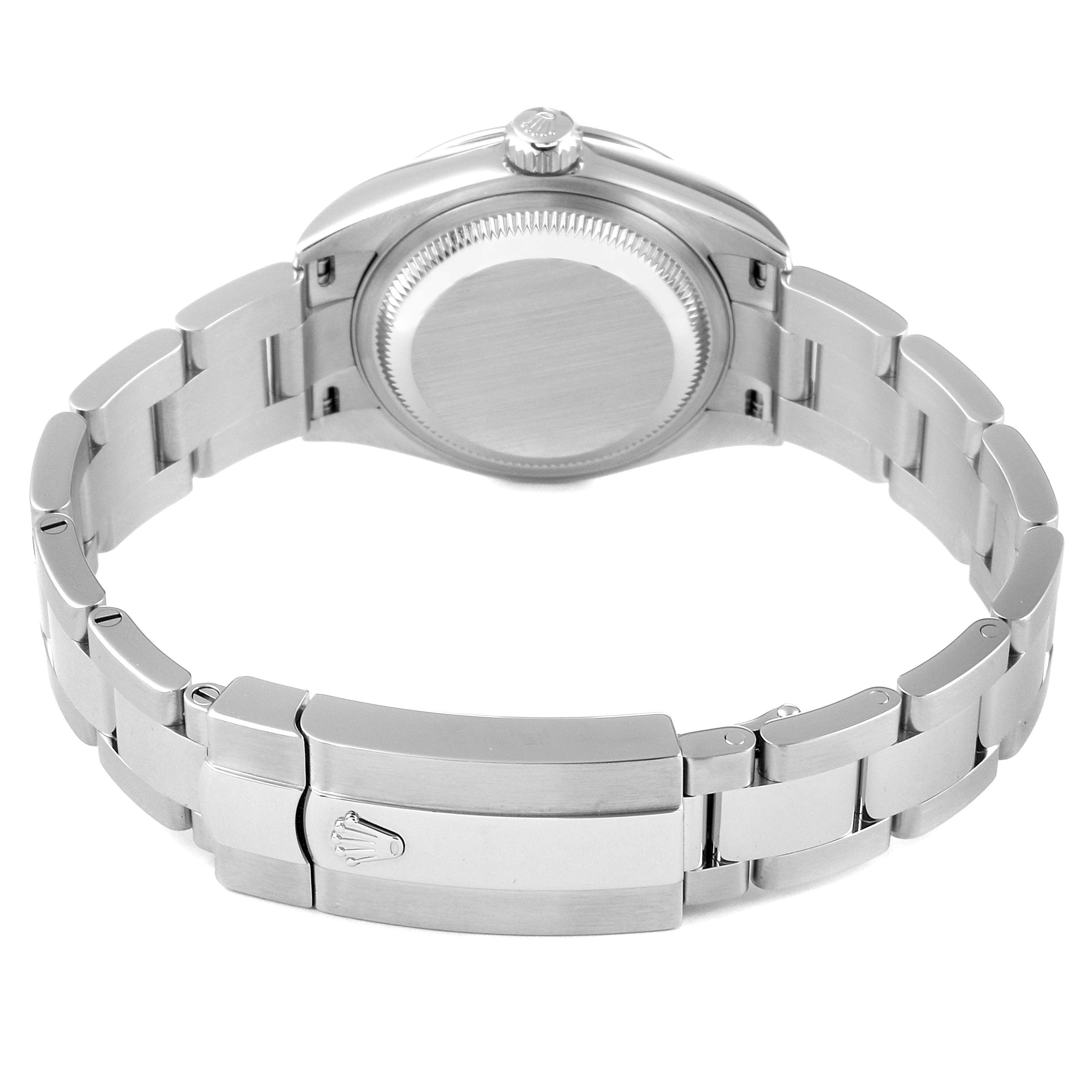 This image shows the back view of a Rolex Datejust 279160 Women's Stainless Steel Brown Dial 279160 Women's Stainless Steel Brown Dial watch, highlighting the bracelet and clasp.