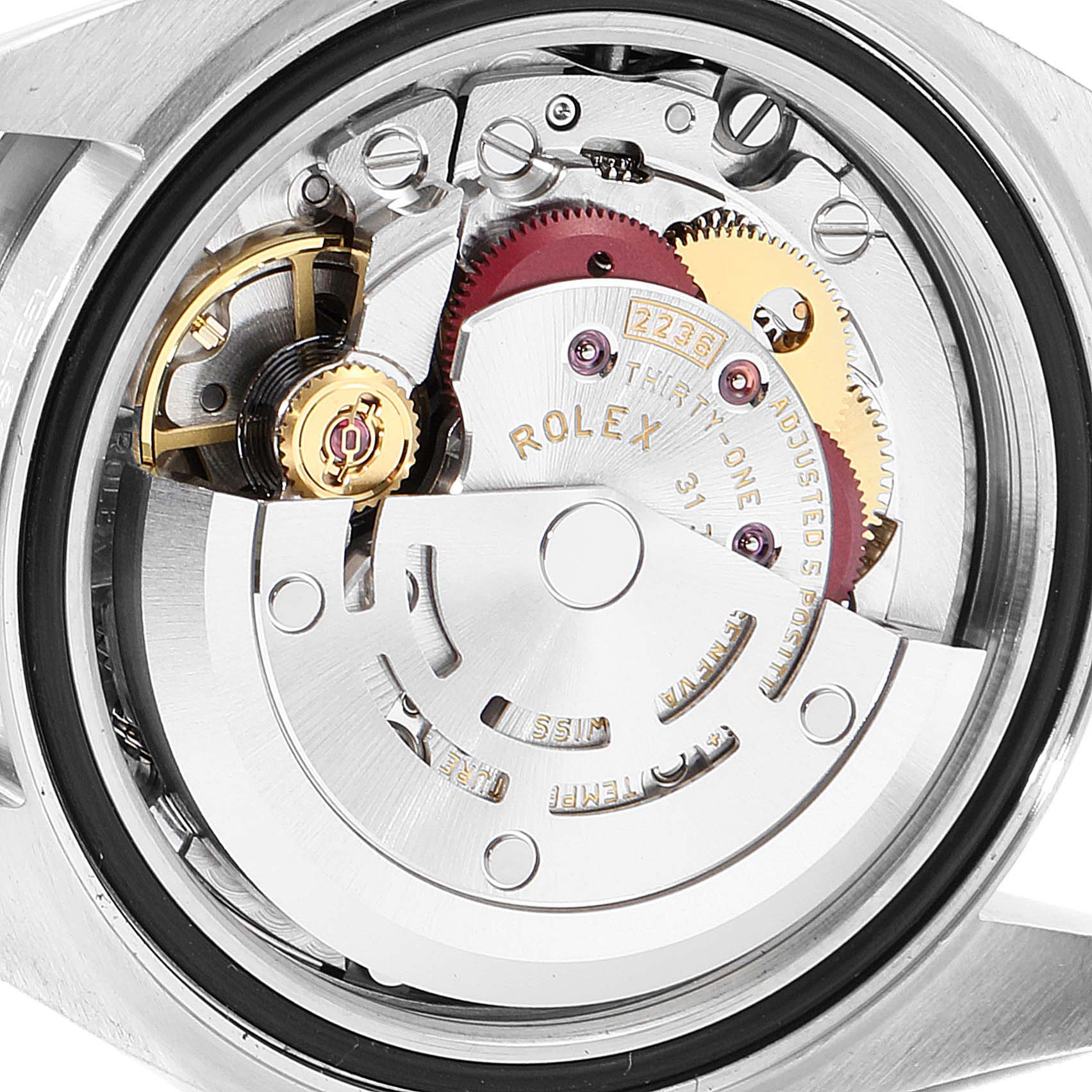This is a close-up view of the movement mechanism inside a Rolex Datejust 279160 Women's Stainless Steel Brown Dial 279160 Women's Stainless Steel Brown Dial watch, showcasing gears and components.