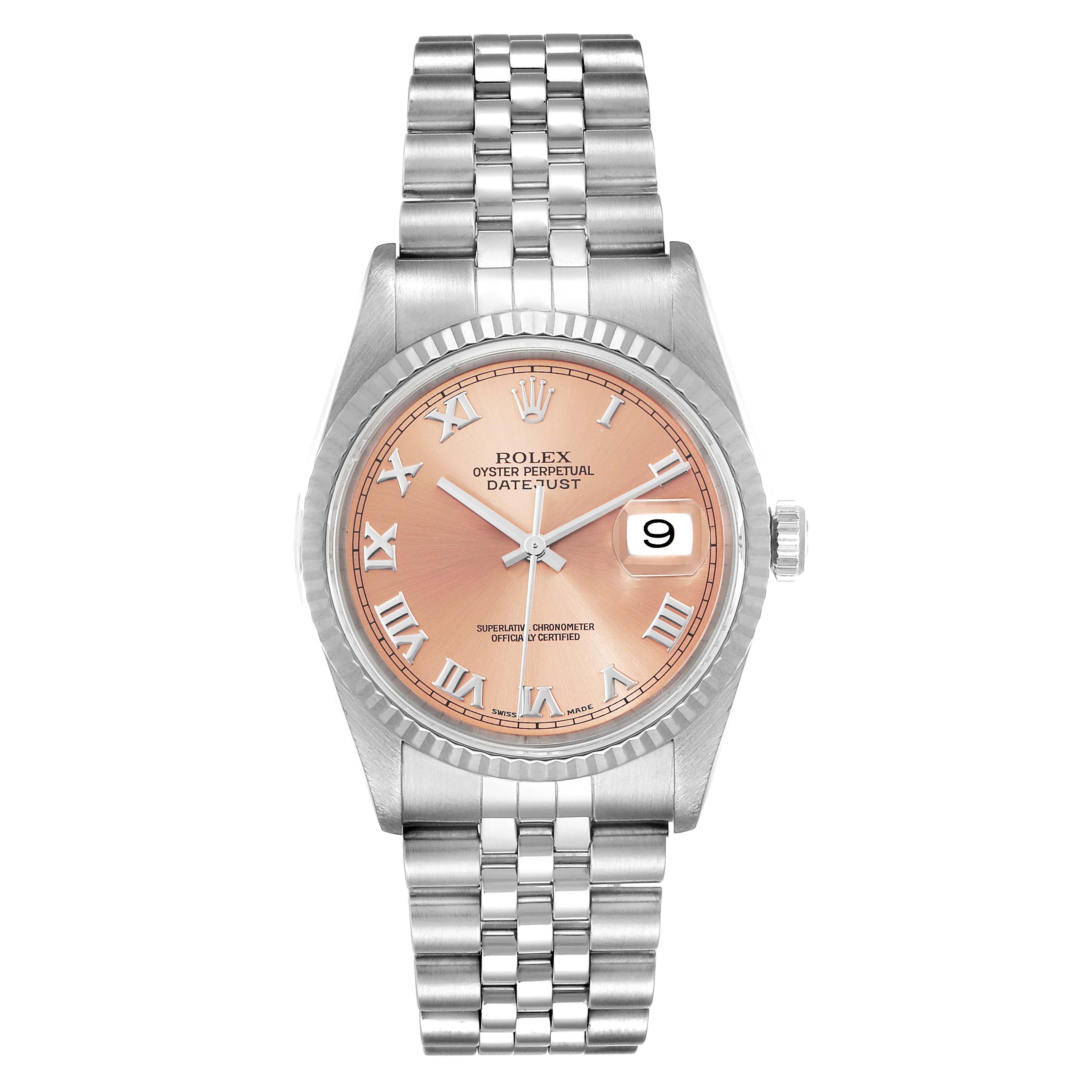The image shows a front view of a Rolex Datejust 16234 Men's Stainless Steel Pink Dial 16234 Men's Stainless Steel Pink Dial watch, highlighting its peach dial, Roman numerals, and metal bracelet.