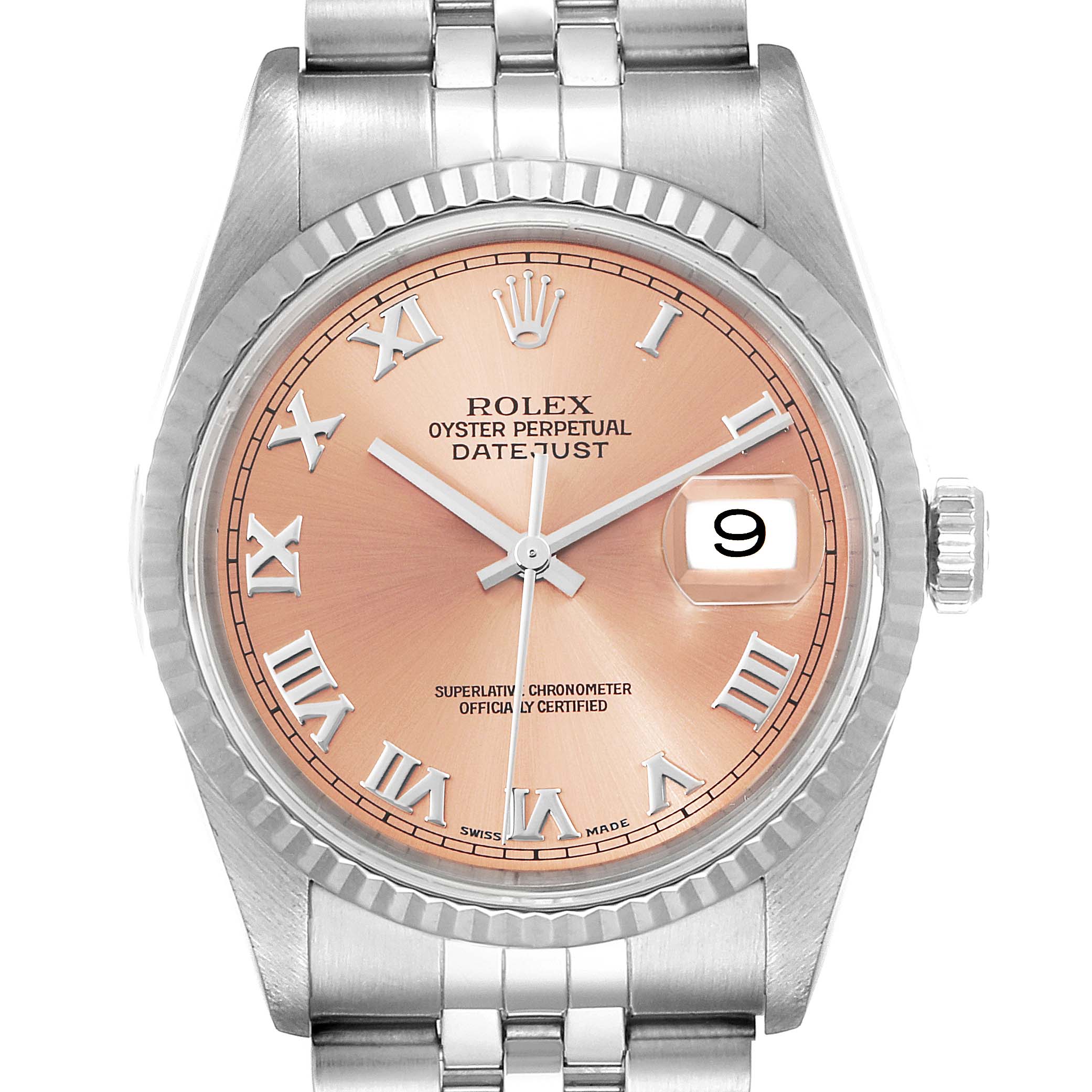 This image shows a front view of the Rolex Datejust 16234 Men's Stainless Steel Pink Dial 16234 Men's Stainless Steel Pink Dial watch, highlighting its Roman numeral dial and Jubilee bracelet.