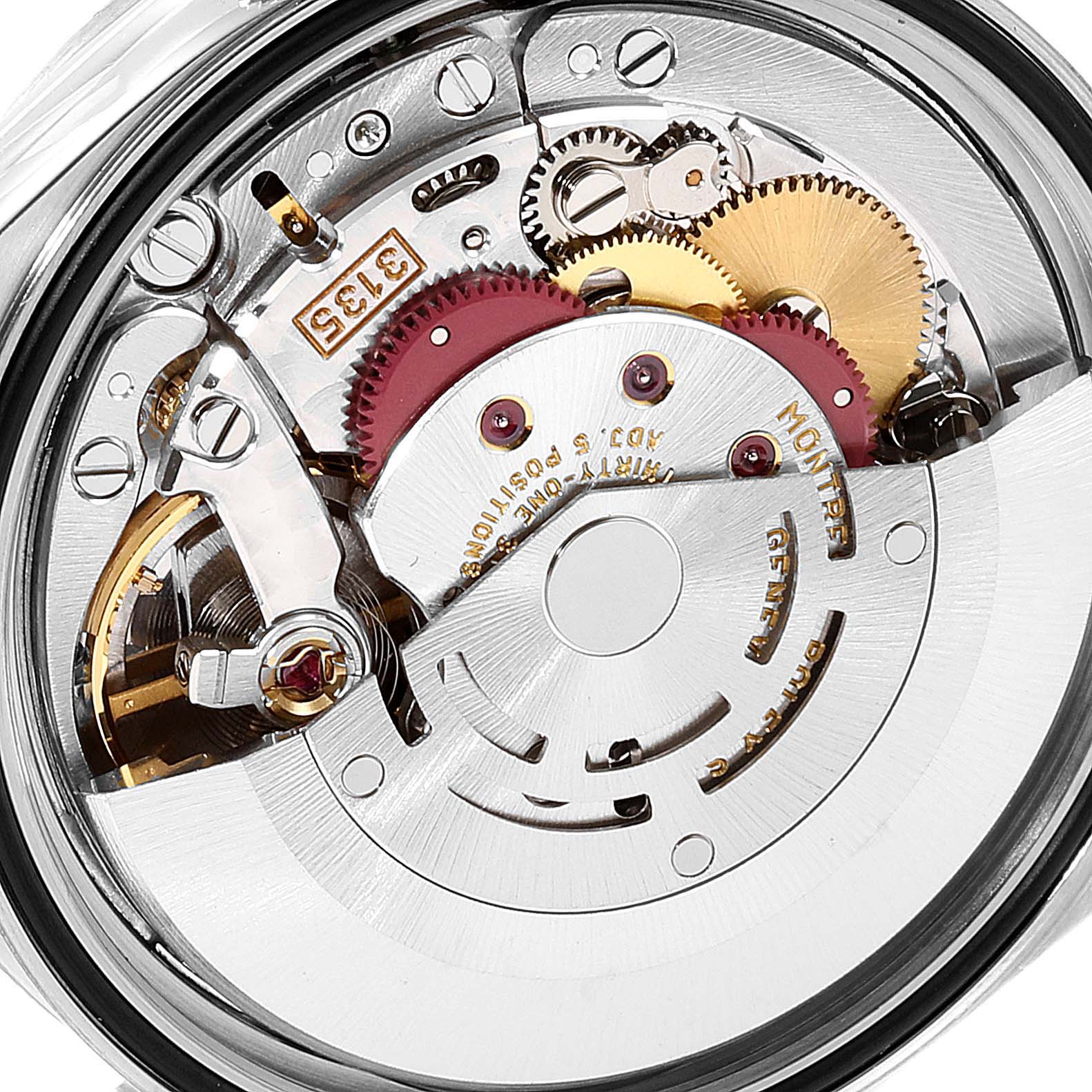 The image shows the internal mechanical movement and gears of a Rolex Datejust 16234 Men's Stainless Steel Pink Dial 16234 Men's Stainless Steel Pink Dial watch from a close-up angle.