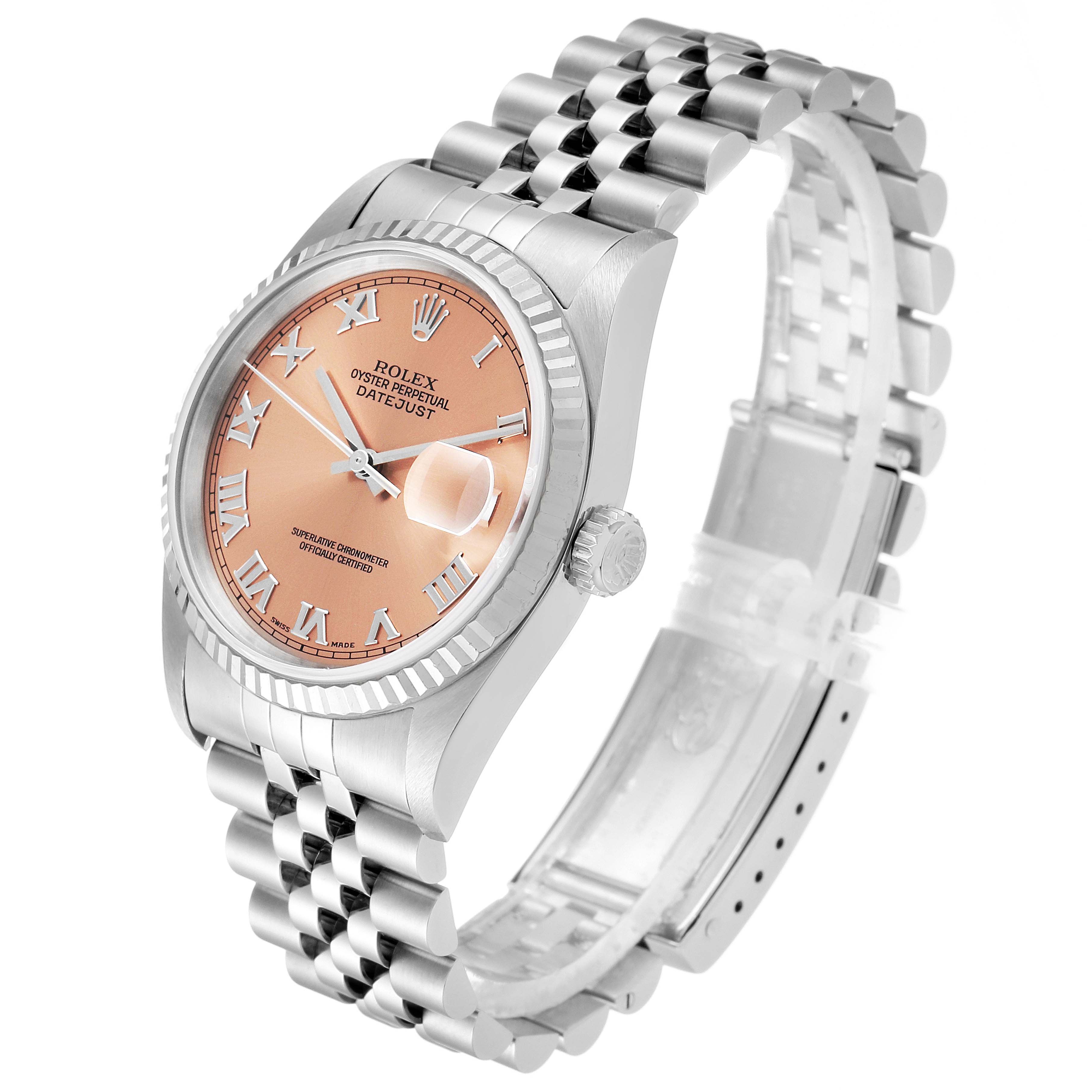 The image shows a Rolex Datejust 16234 Men's Stainless Steel Pink Dial 16234 Men's Stainless Steel Pink Dial watch at a slight angle, displaying the dial, bezel, crown, and metal bracelet.