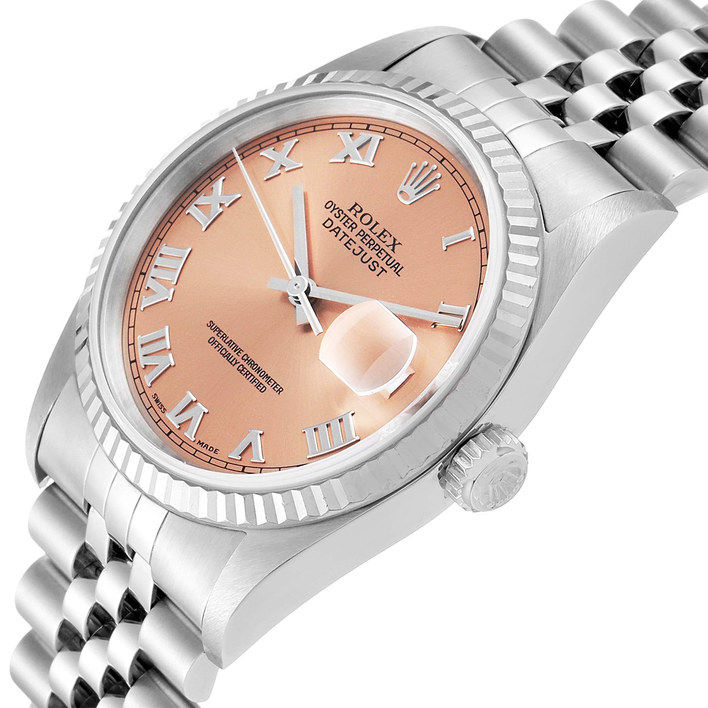 The image shows a close-up angle of a Rolex Datejust 16234 Men's Stainless Steel Pink Dial 16234 Men's Stainless Steel Pink Dial watch displaying its face, bezel, crown, and part of the bracelet.