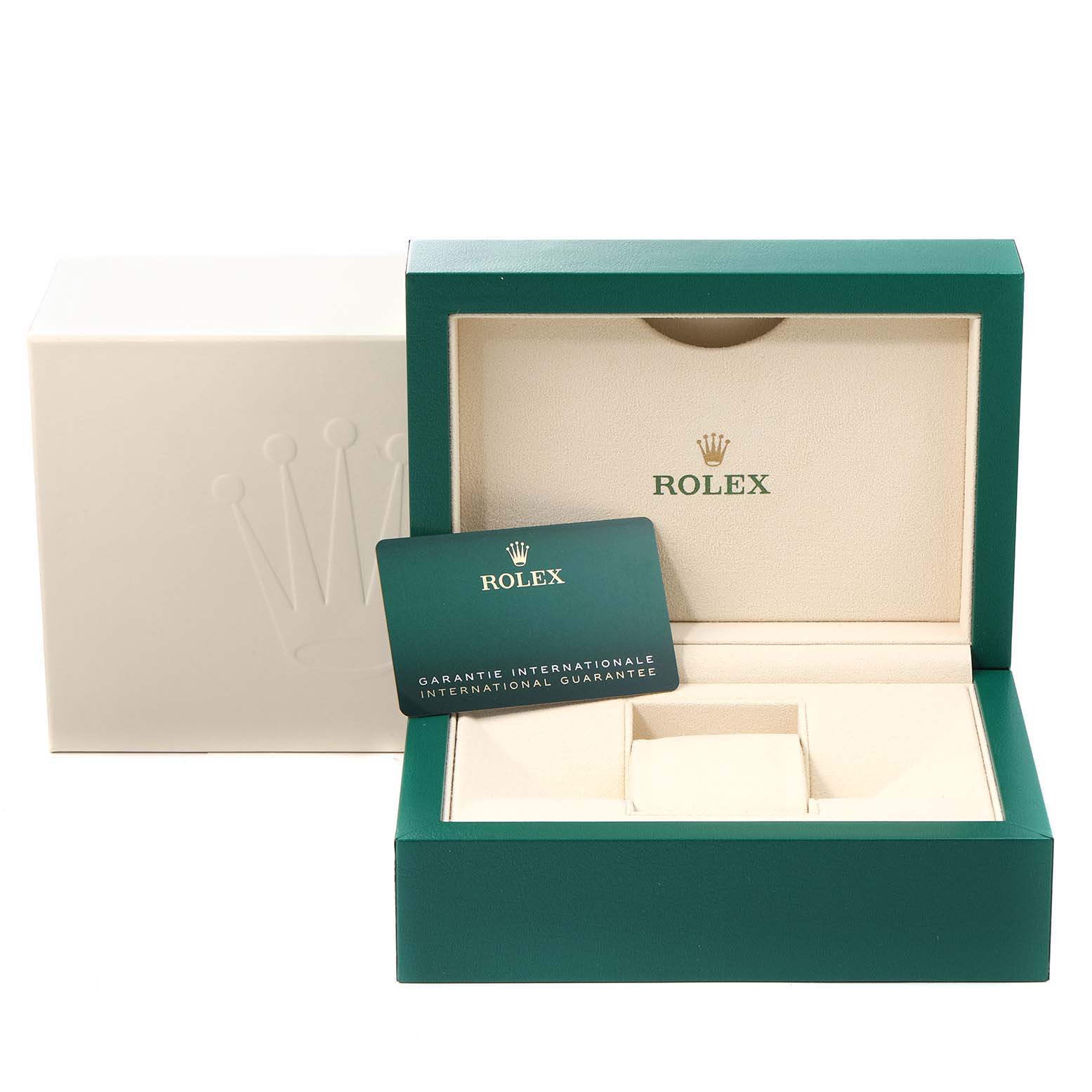 This image shows the open green box, white outer box, and international guarantee card for a Rolex Datejust 41 126334 Men
s Stainless Steel Grey Dial 126334 Men
s Stainless Steel Grey Dial watch.