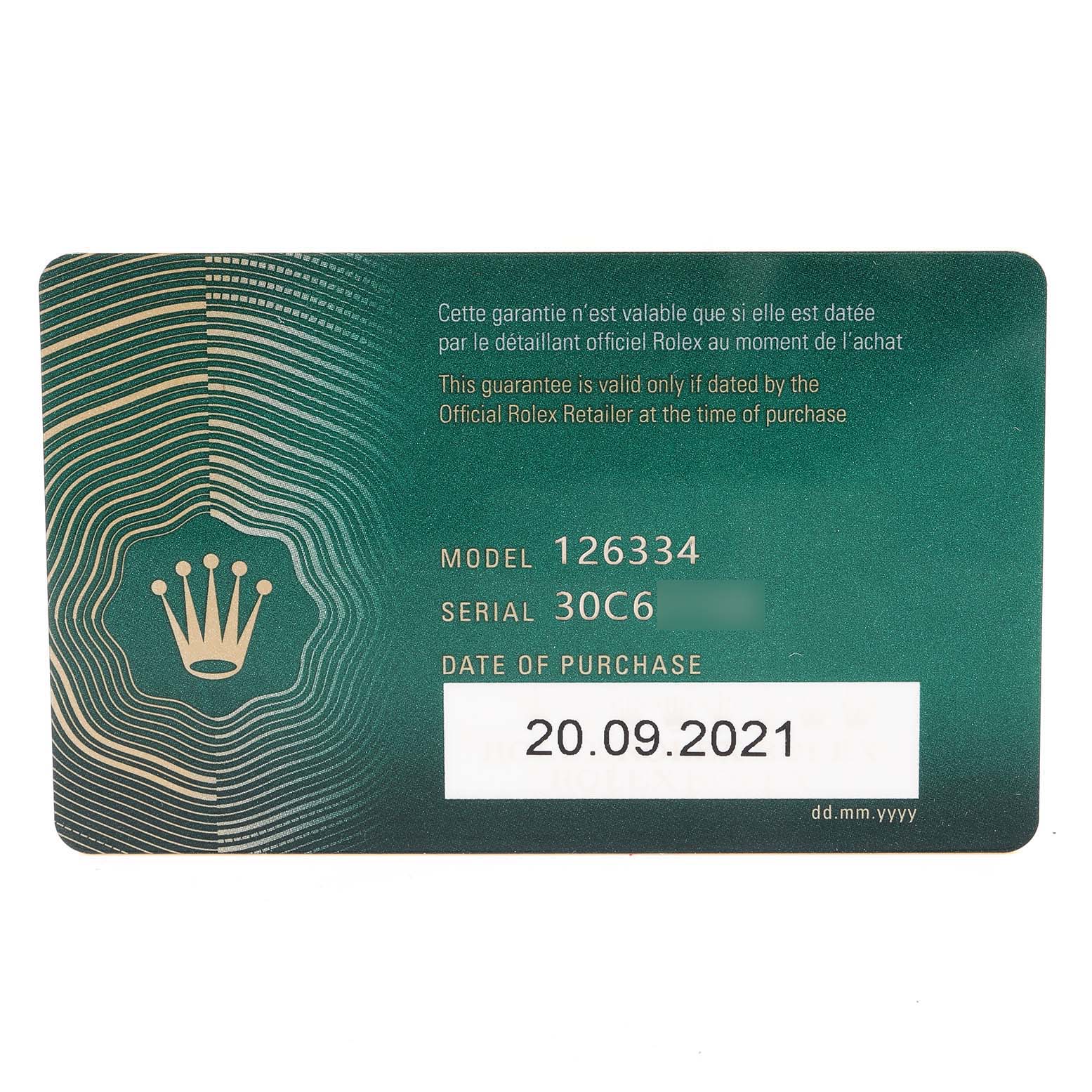This image shows the warranty card for a Rolex Datejust 41 126334 Men
s Stainless Steel Grey Dial 126334 Men
s Stainless Steel Grey Dial model 126334, with purchase details included.
