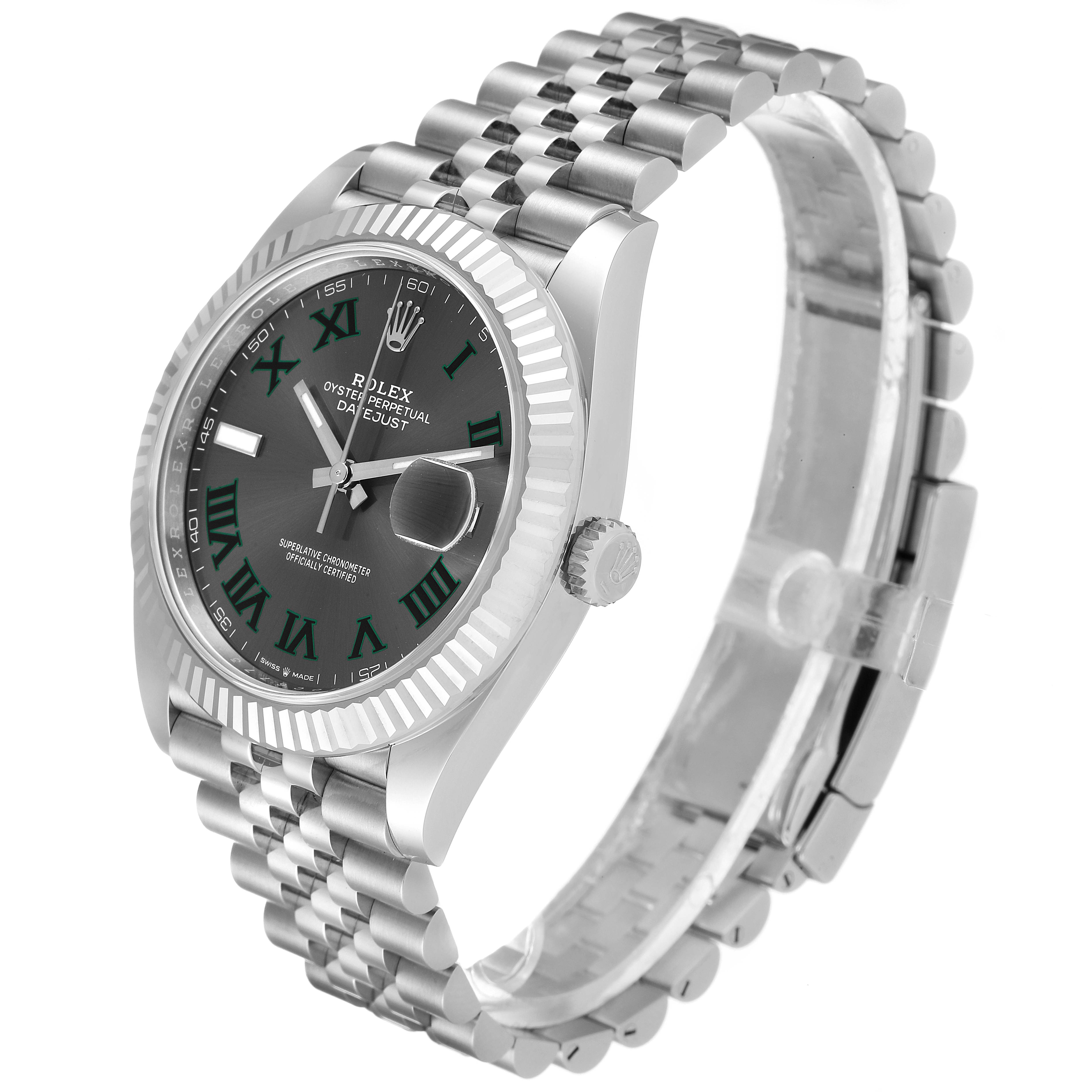 The Rolex Datejust 41 126334 Men
s Stainless Steel Grey Dial 126334 Men
s Stainless Steel Grey Dial is shown at a three-quarter angle, highlighting the dial, bezel, bracelet, and crown.