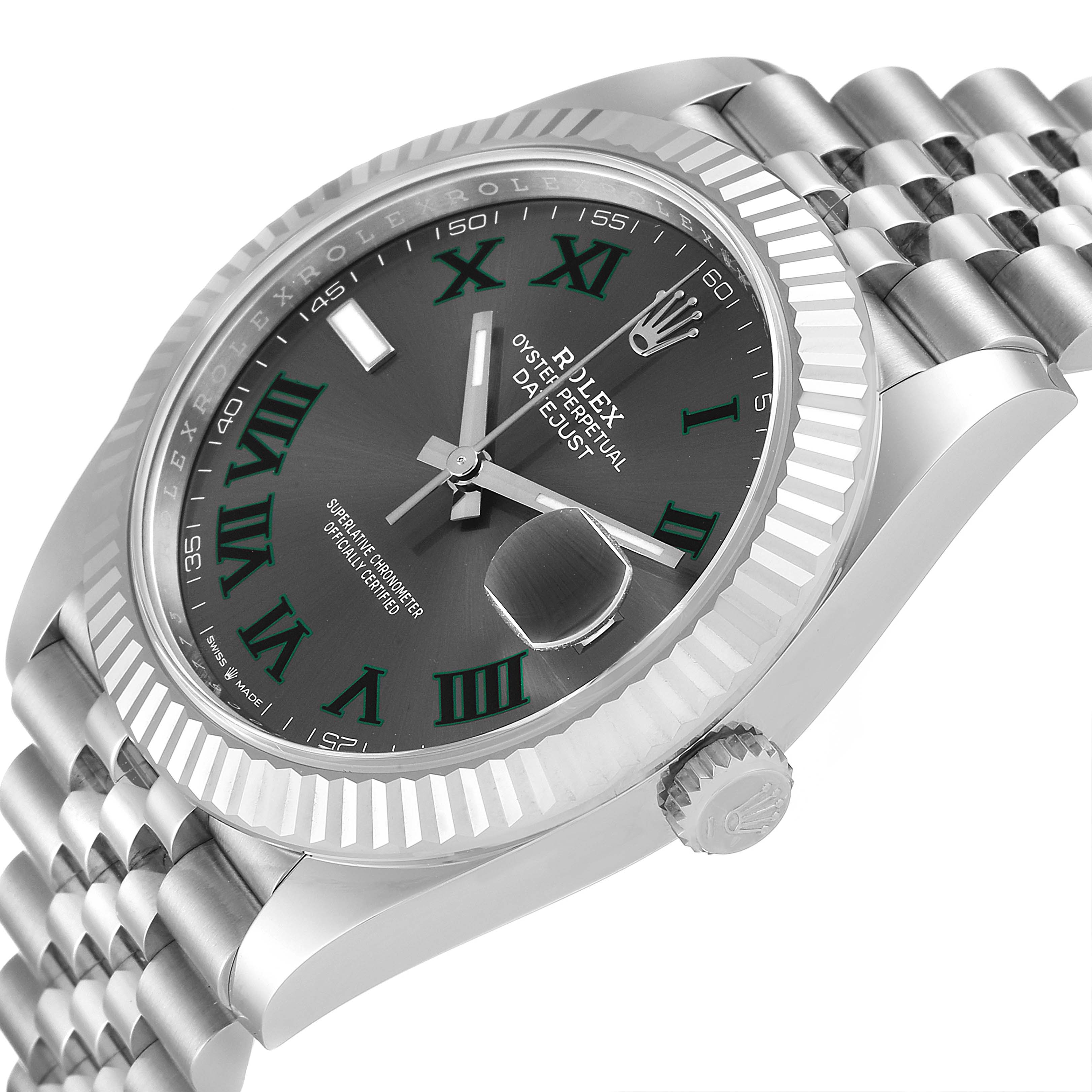 The image shows a side angle of the Rolex Datejust 41 126334 Men
s Stainless Steel Grey Dial 126334 Men
s Stainless Steel Grey Dial, highlighting the dial, bezel, crown, and part of the bracelet.