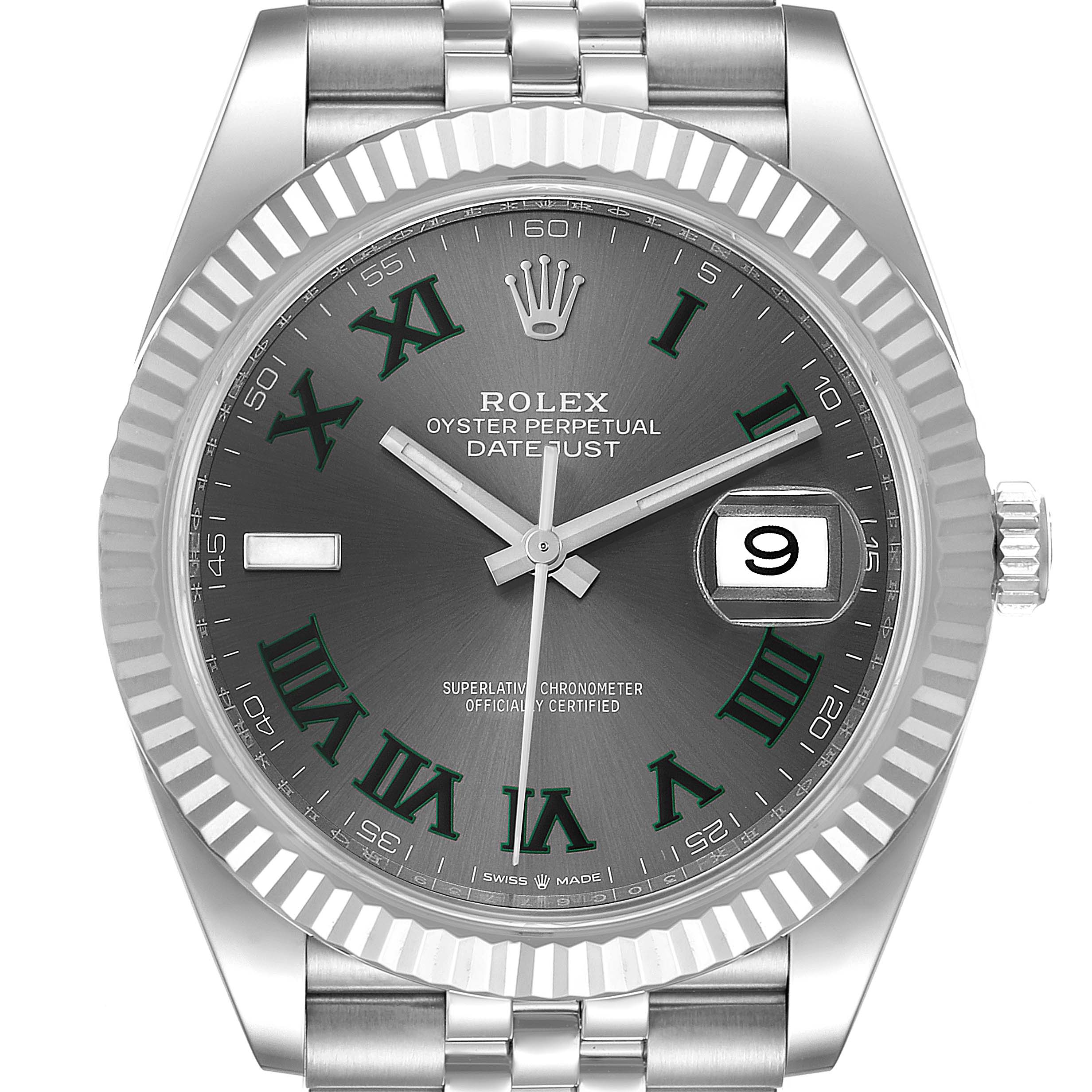 This image shows a front view of a Rolex Datejust 41 126334 Men
s Stainless Steel Grey Dial 126334 Men
s Stainless Steel Grey Dial watch, highlighting its dial, fluted bezel, and part of the bracelet.