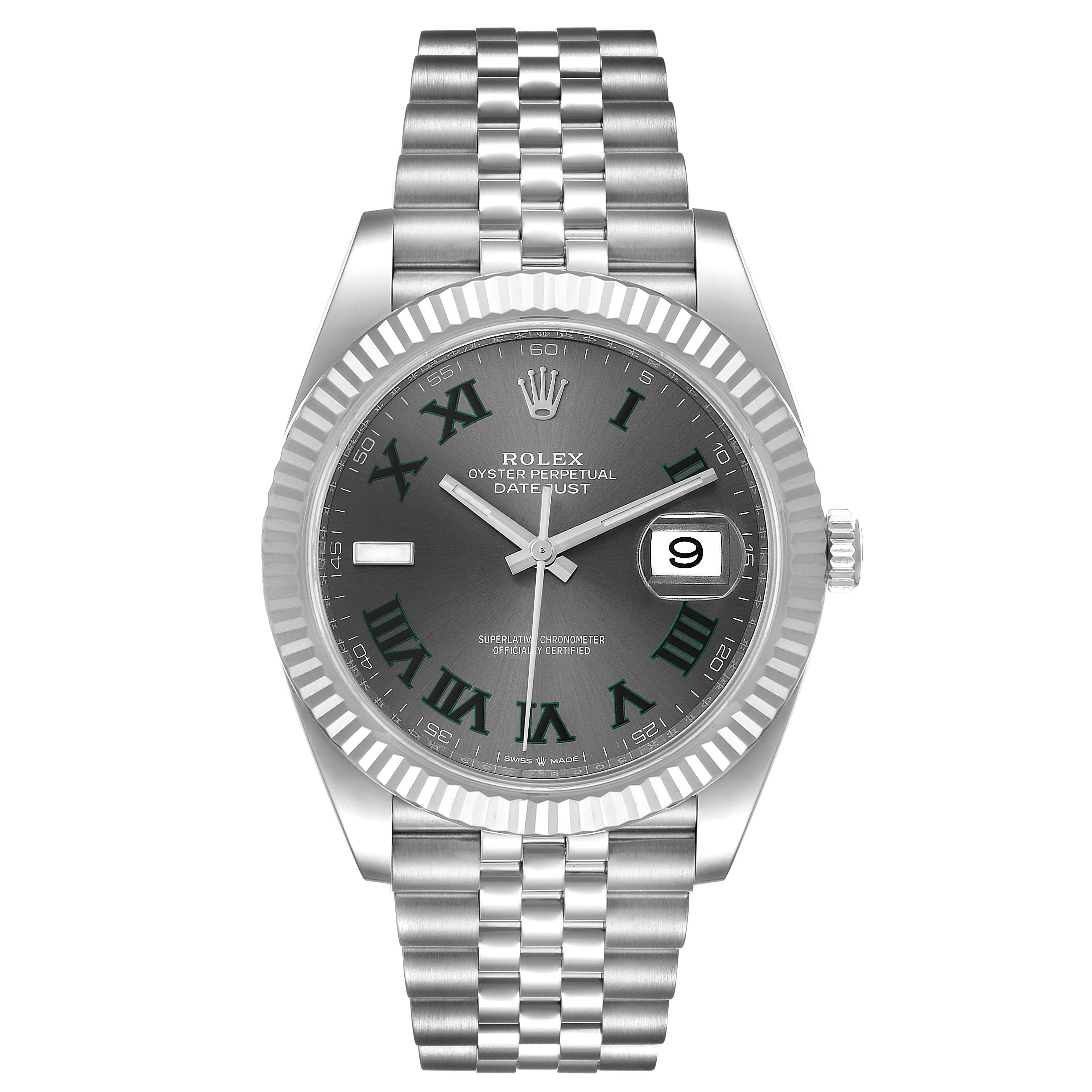This image shows a front view of the Rolex Datejust 41 126334 Men
s Stainless Steel Grey Dial 126334 Men
s Stainless Steel Grey Dial watch, displaying its face, bezel, and bracelet.