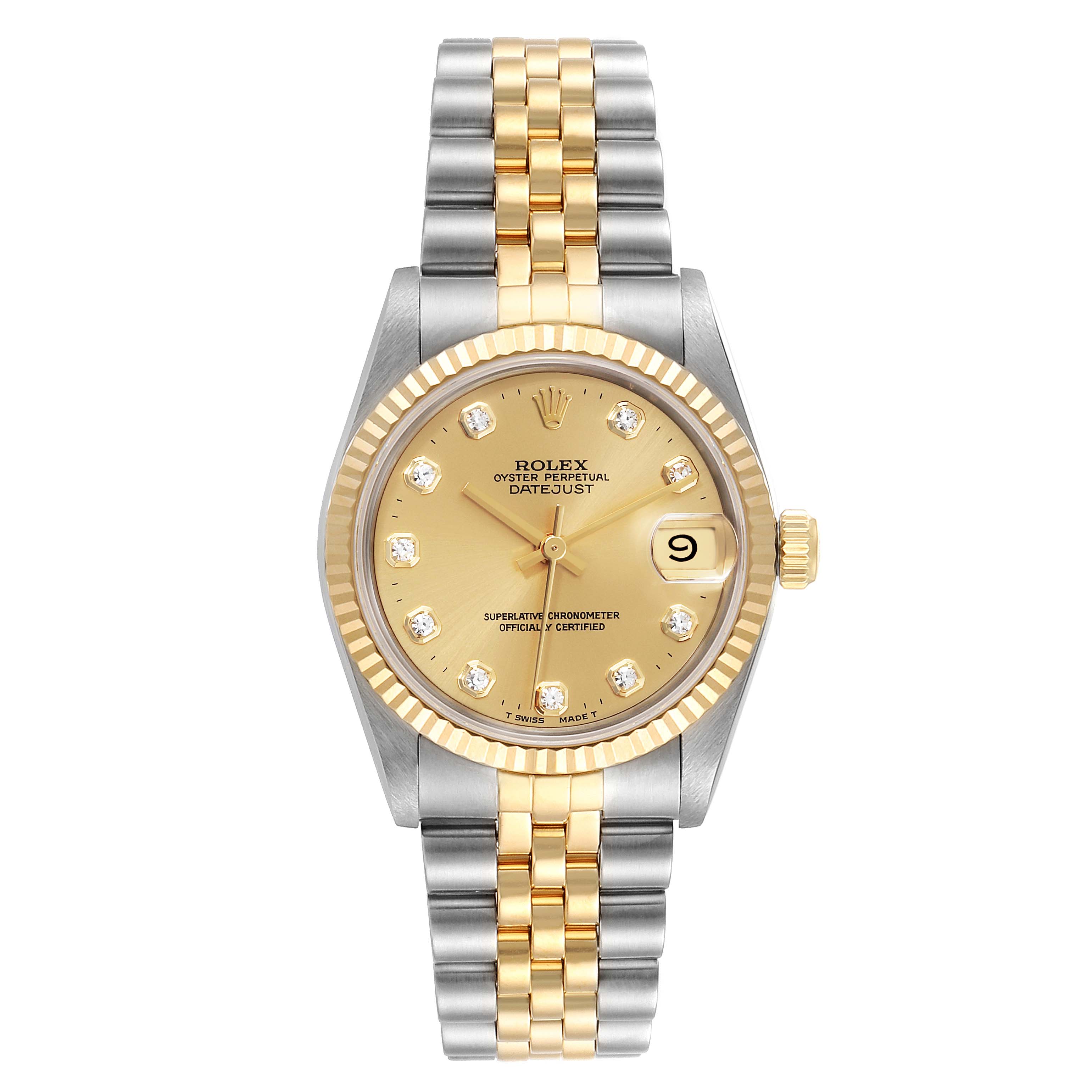 The image shows a front view of a Rolex Mid-Size 68273 Women's Stainless Steel Champagne Dial 68273 Women's Stainless Steel Champagne Dial Datejust watch with a two-tone bracelet and a gold dial.
