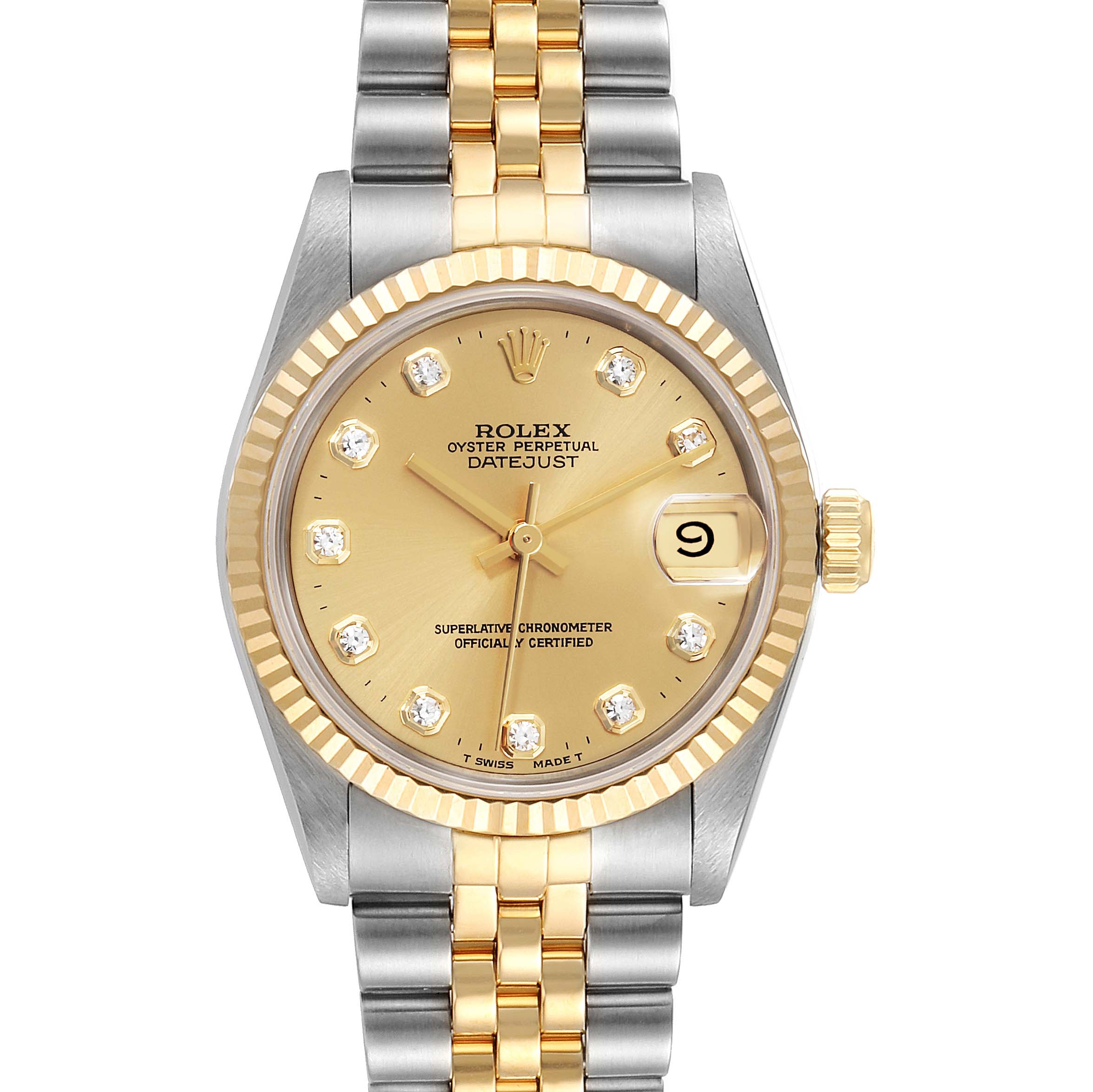 The image shows a front view of the Rolex Mid-Size 68273 Women's Stainless Steel Champagne Dial 68273 Women's Stainless Steel Champagne Dial Datejust watch, highlighting its two-tone bracelet, gold dial, and fluted bezel.