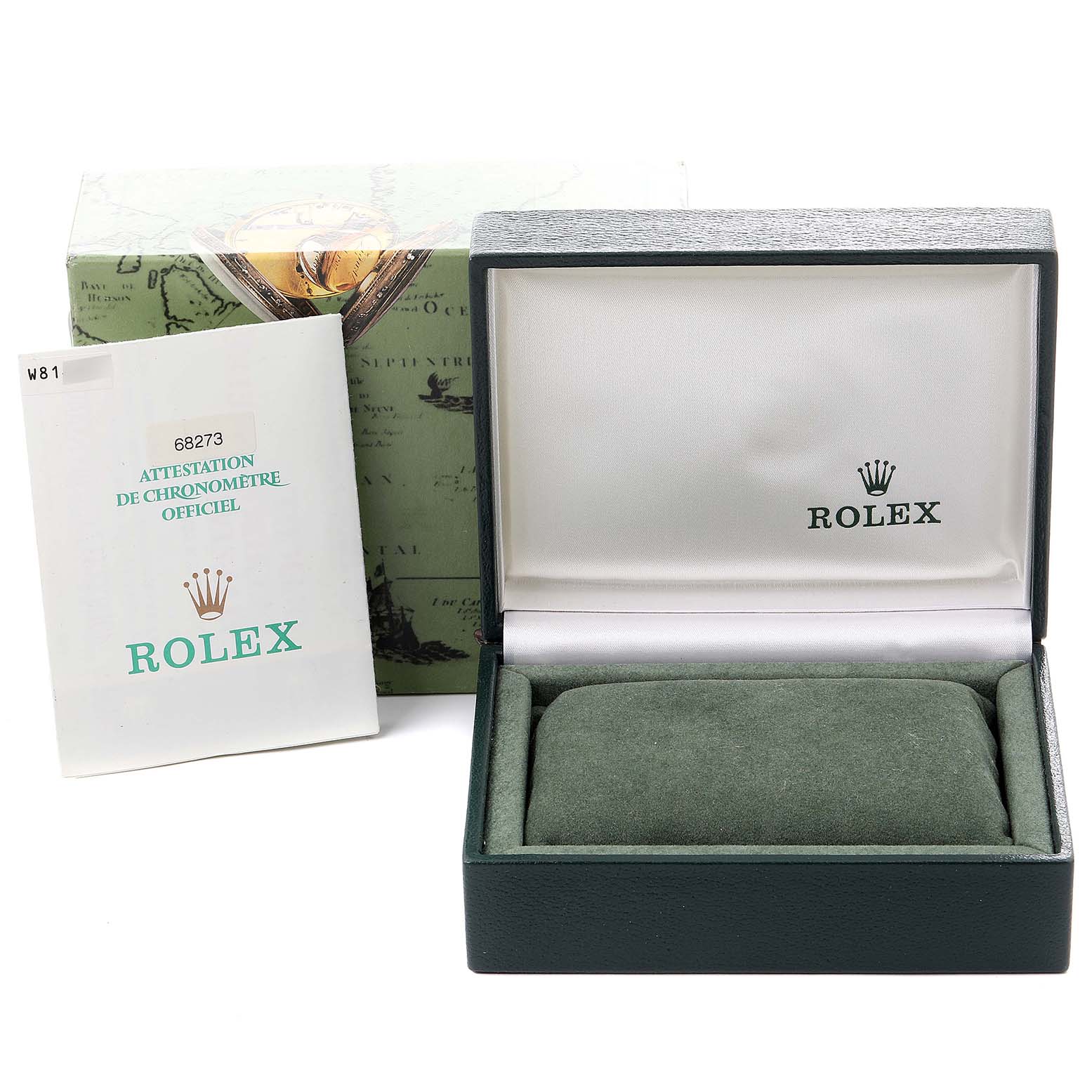 The image shows an opened Rolex watch box, an outer box, and official documentation for a Rolex Mid-Size 68273 Women's Stainless Steel Champagne Dial 68273 Women's Stainless Steel Champagne Dial model.