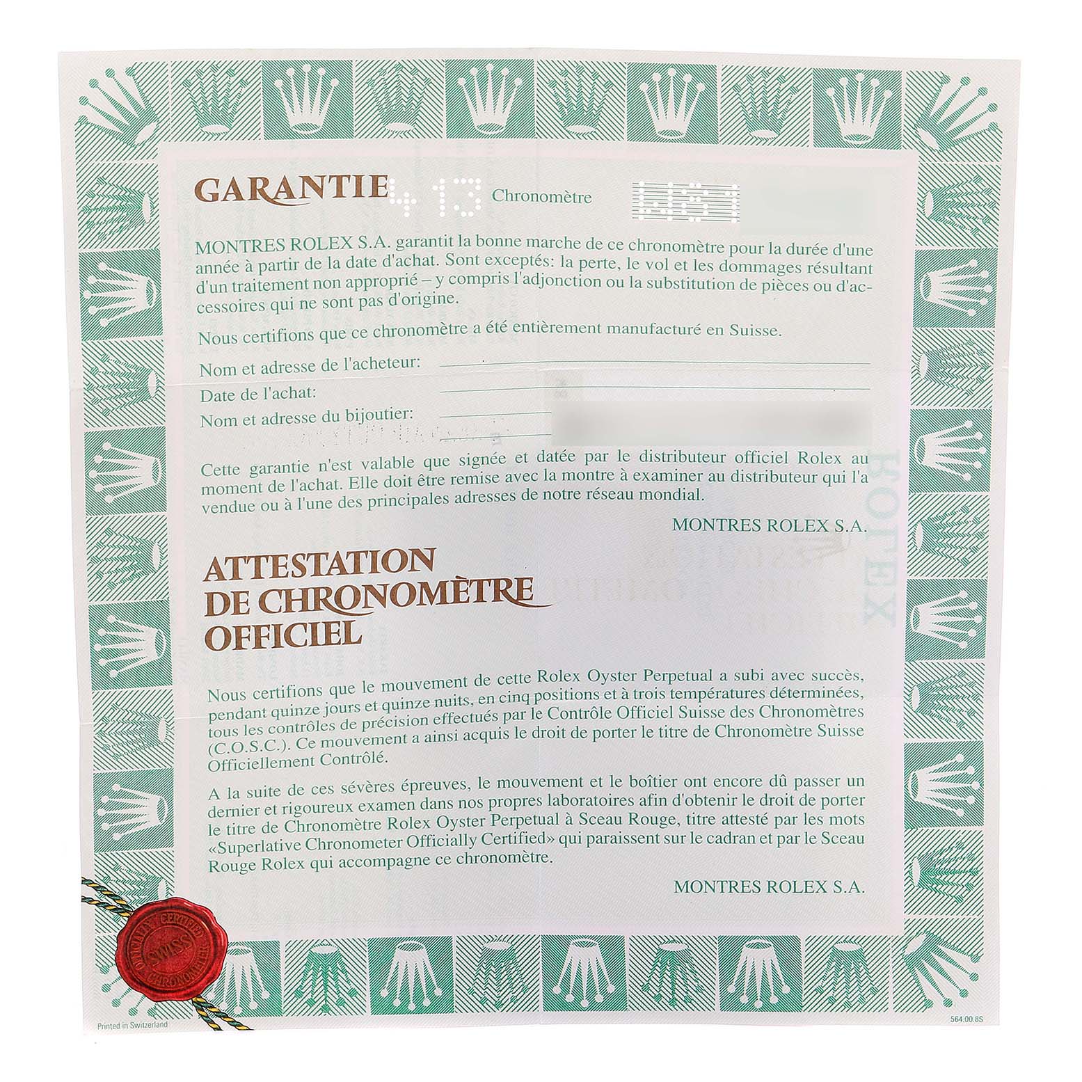 The image shows the warranty and certification paper for a Mid-Size Rolex watch.