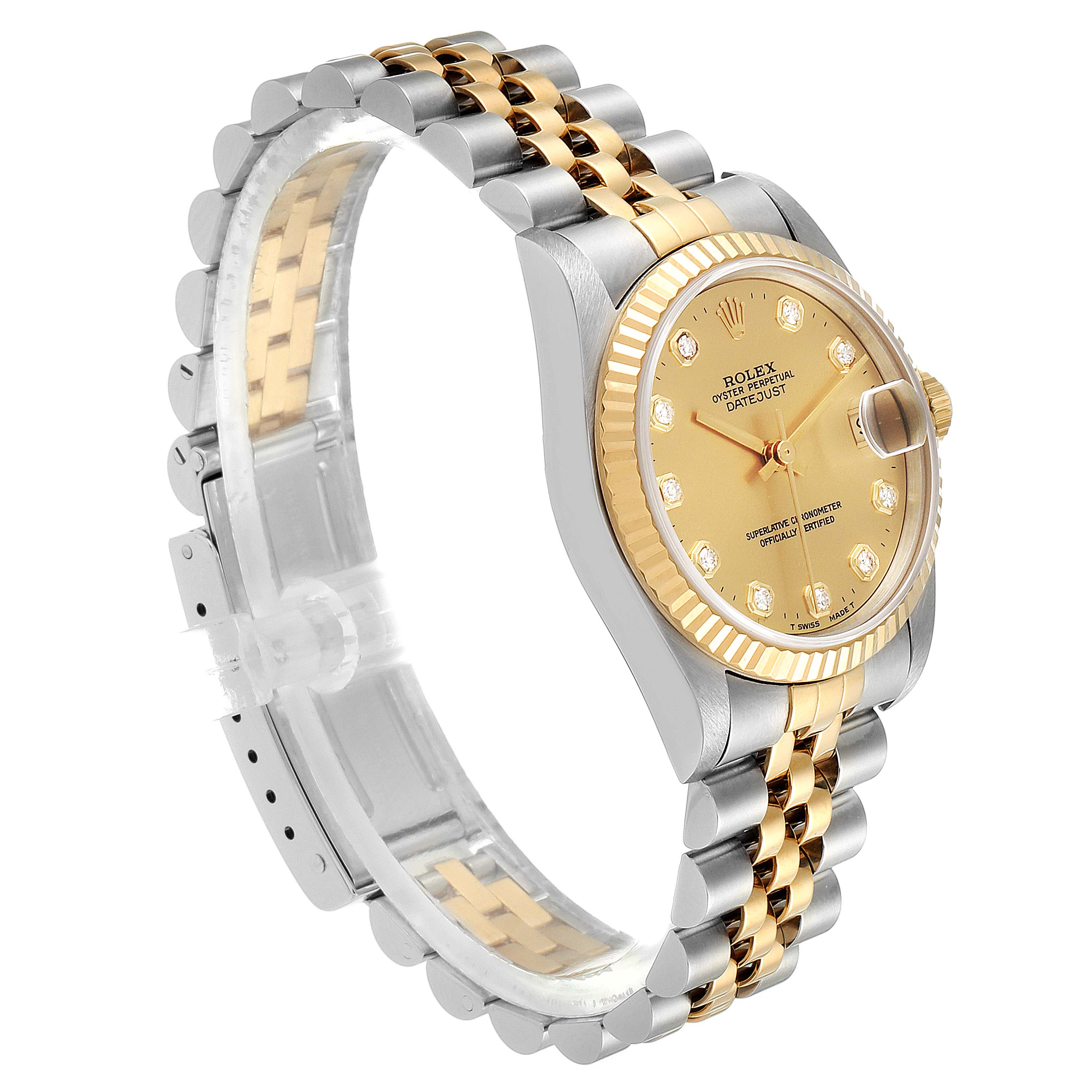 The Rolex Mid-Size 68273 Women's Stainless Steel Champagne Dial 68273 Women's Stainless Steel Champagne Dial watch is shown at a slight angle, displaying the band, case, and face with diamond hour markers.