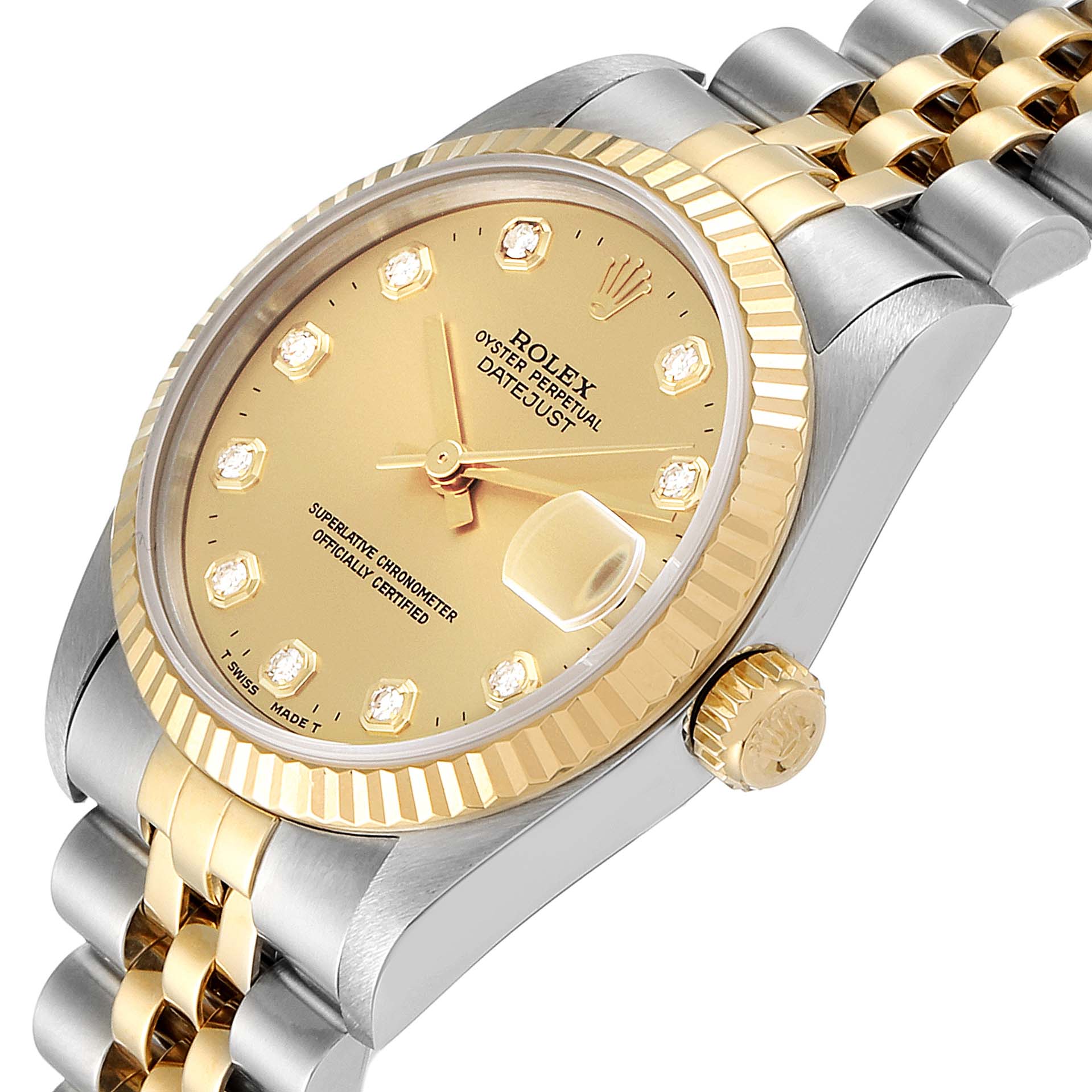 The image shows a side angle of the Rolex Datejust Mid-Size watch, highlighting the gold bezel, crown, and portion of the bracelet.