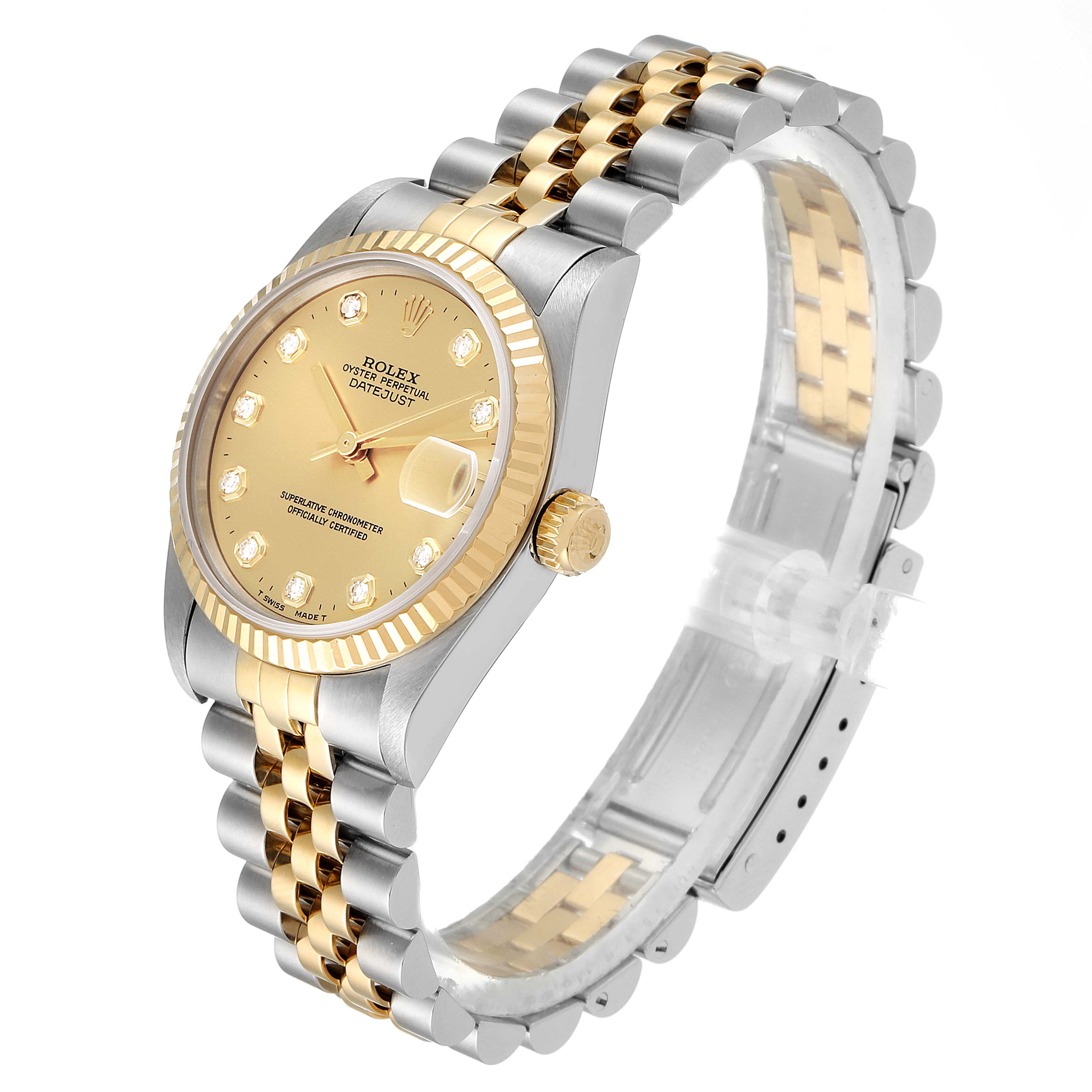 The image shows a side angle of the Rolex Mid-Size 68273 Women's Stainless Steel Champagne Dial 68273 Women's Stainless Steel Champagne Dial Datejust watch, highlighting its gold and silver bracelet and diamond-set dial.