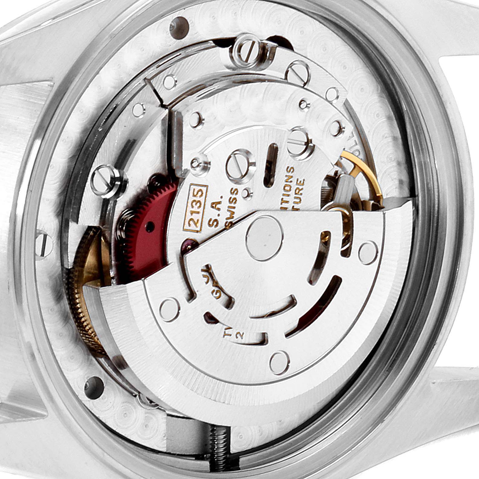 The image shows the internal mechanical movement of a Mid-Size Rolex watch from a close-up, rear angle.