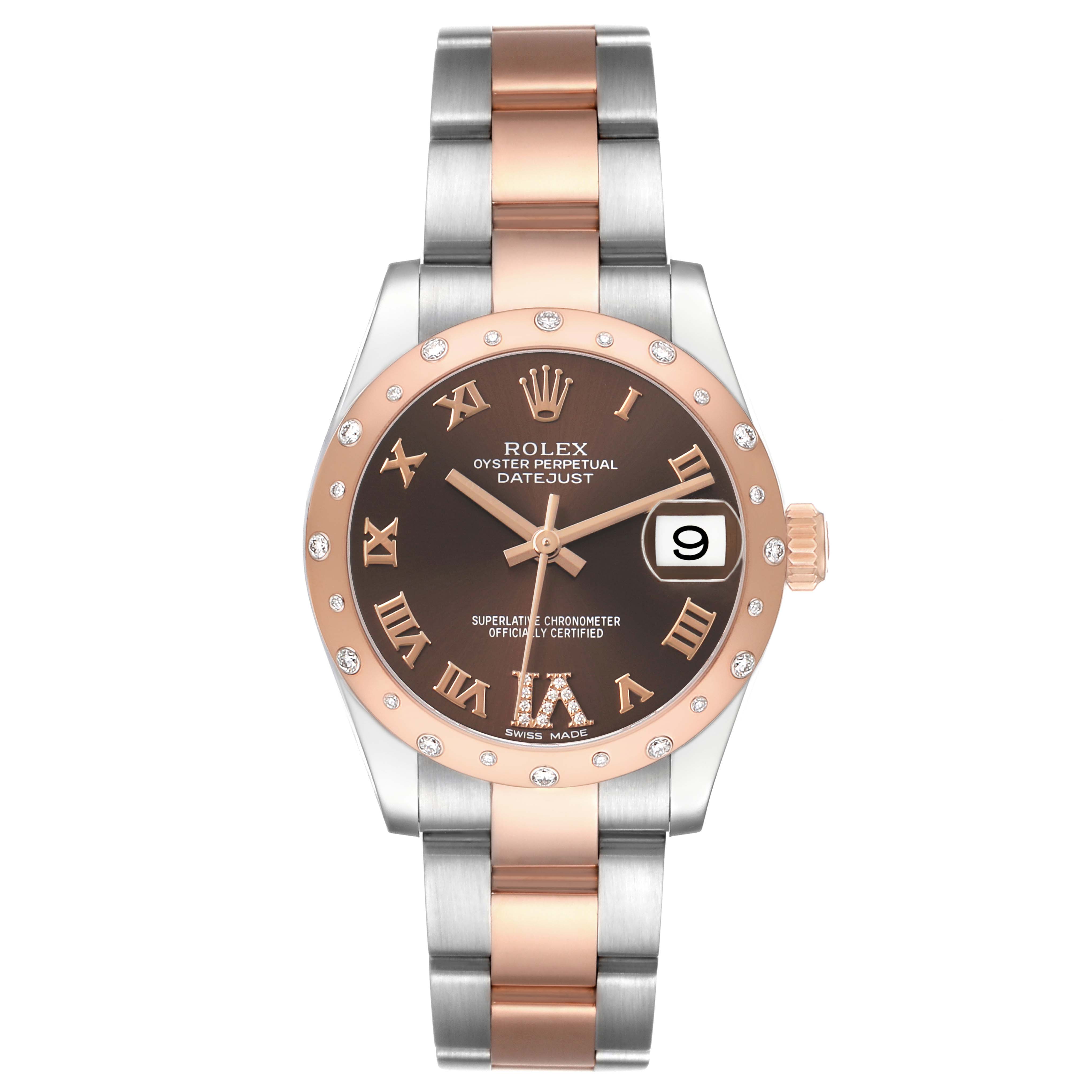 The image shows a front view of the Rolex Mid-Size 178341 Women's Steel and Gold (two tone) Brown Dial Oyster Perpetual Datejust, highlighting the dial, bezel, and bracelet.