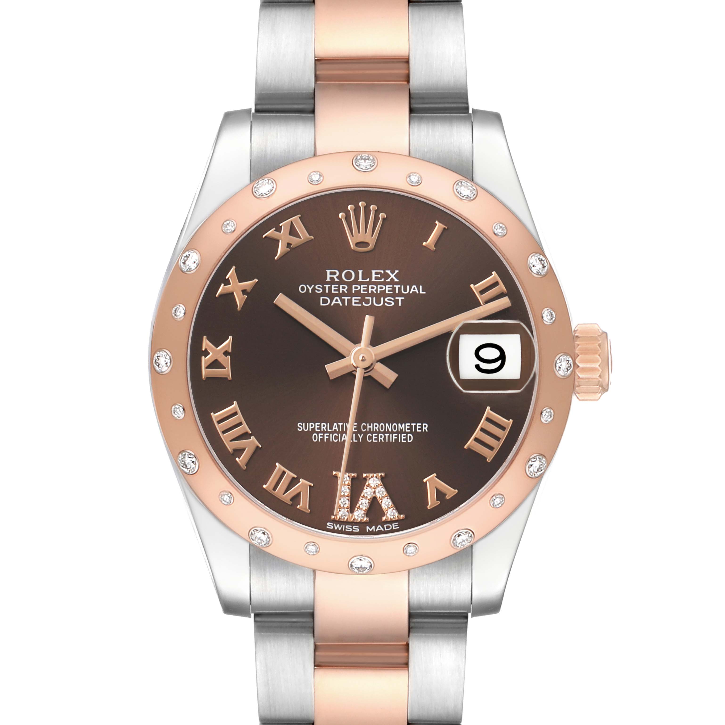 The Rolex Datejust Mid-Size watch is shown from the front, displaying the dial, bezel, and part of the bracelet.