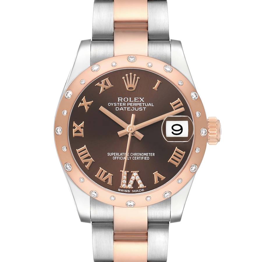 The Rolex Datejust Mid-Size watch is shown from the front, displaying the dial, bezel, and part of the bracelet.