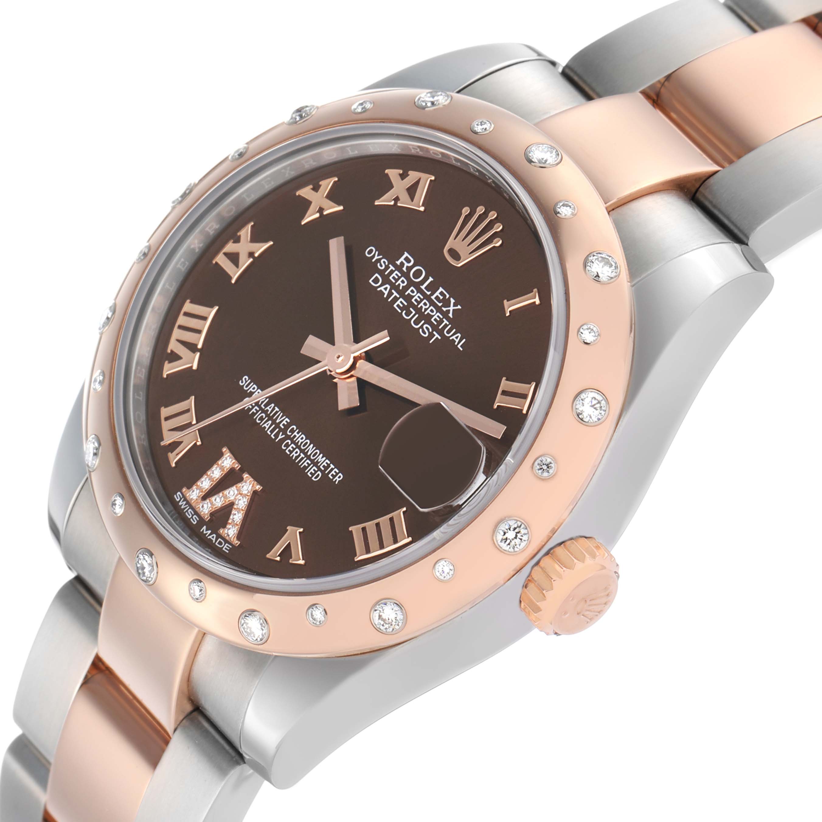 The Rolex Mid-Size 178341 Women's Steel and Gold (two tone) Brown Dial watch is shown at an angled view highlighting the bezel, dial, crown, and part of the bracelet.