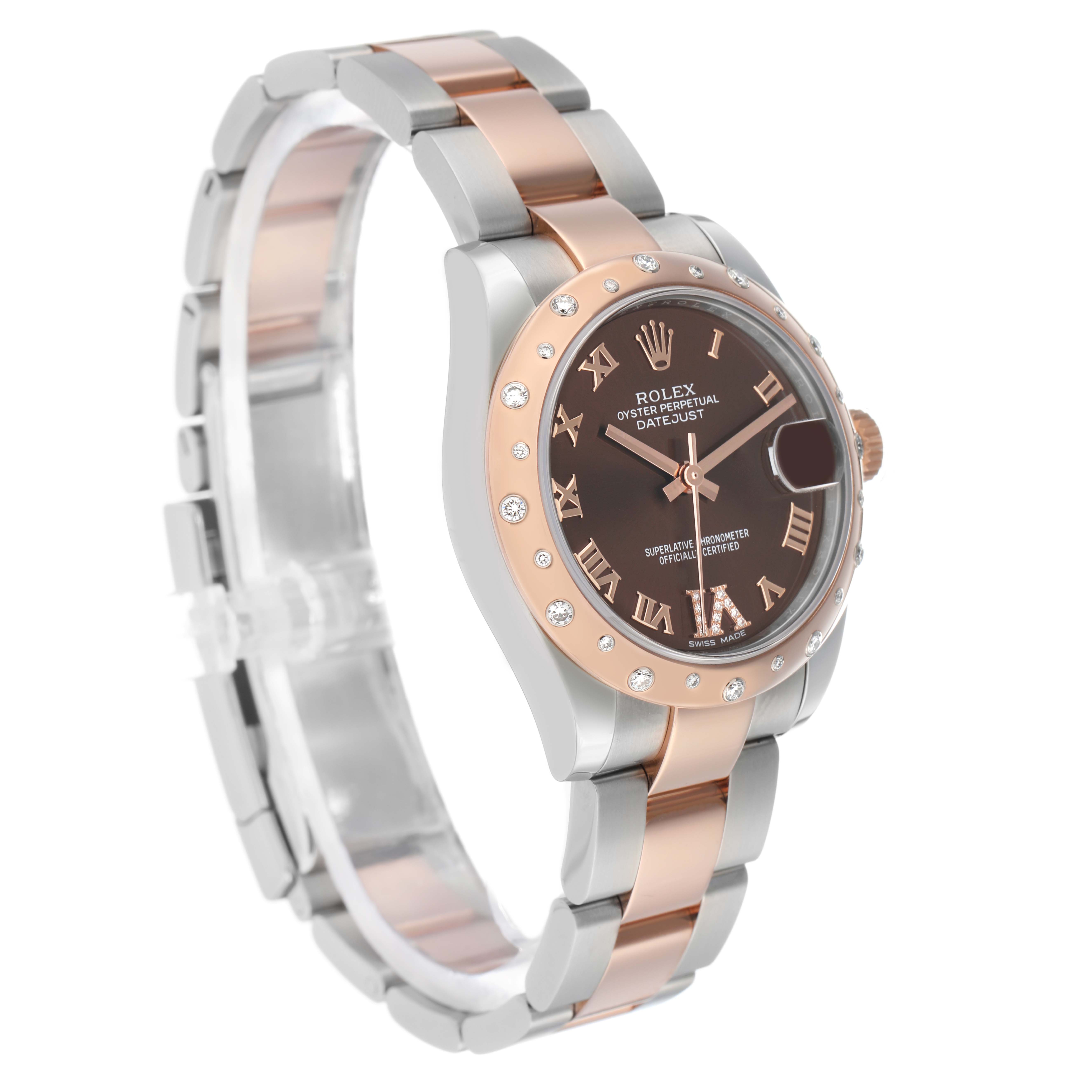 The Rolex Datejust Mid-Size watch is shown at a three-quarter angle, displaying the face, bezel, and part of the bracelet.