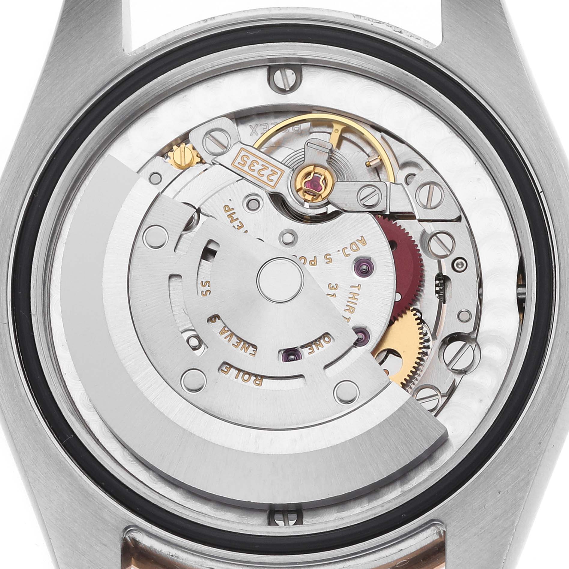 The image shows the movement and rotor of a Rolex Mid-Size 178341 Women's Steel and Gold (two tone) Brown Dial watch from the back.