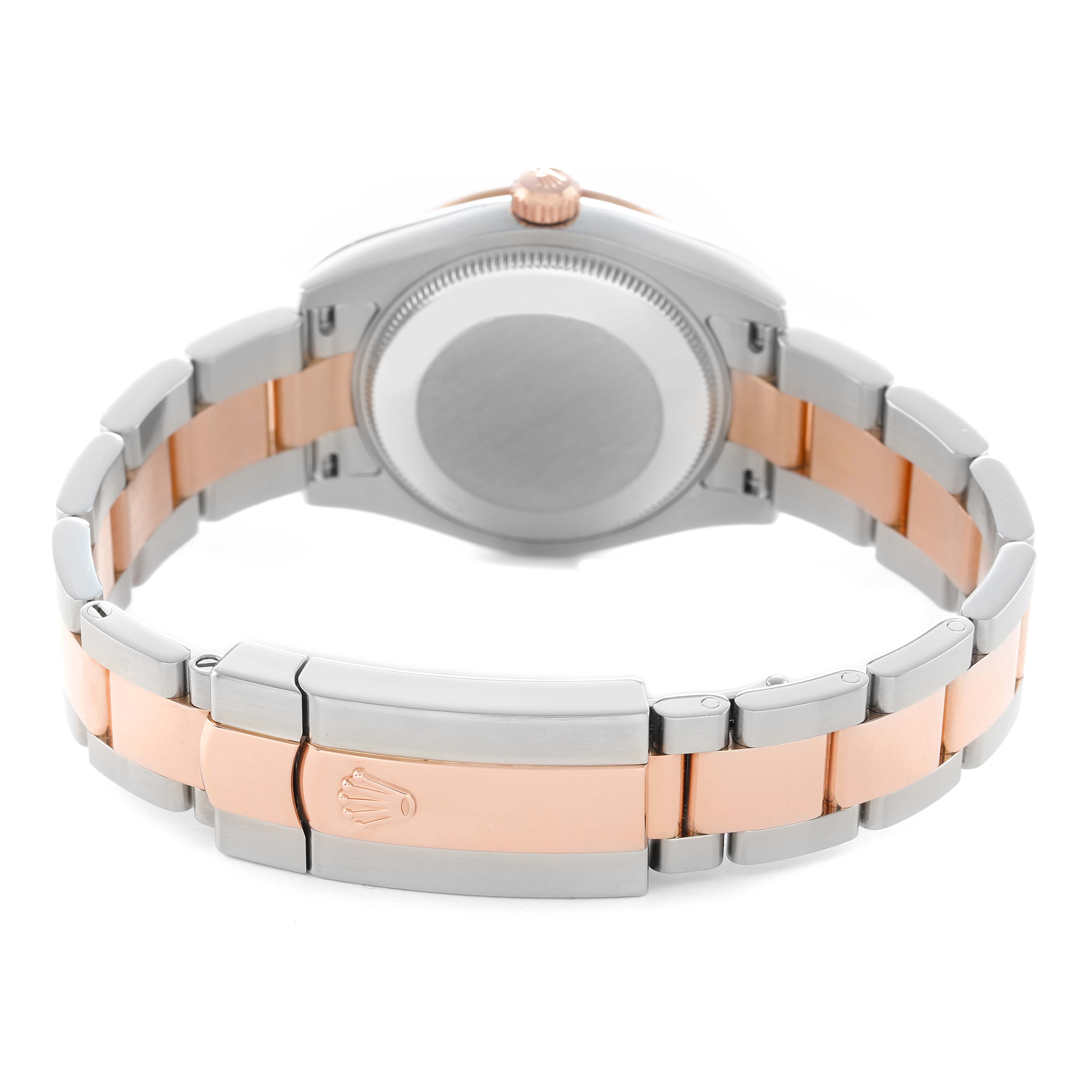 The image shows the back and bracelet of a Rolex Mid-Size 178341 Women's Steel and Gold (two tone) Brown Dial model, highlighting the case back, clasp, and two-tone metal links.