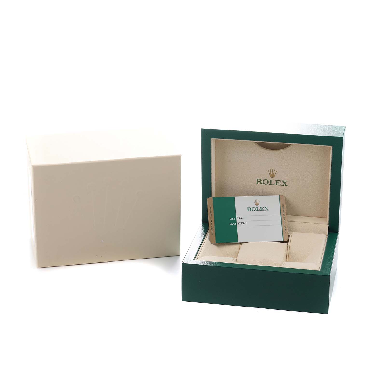 The image shows an open Rolex watch box for a Mid-Size model with a card, viewed from the front.