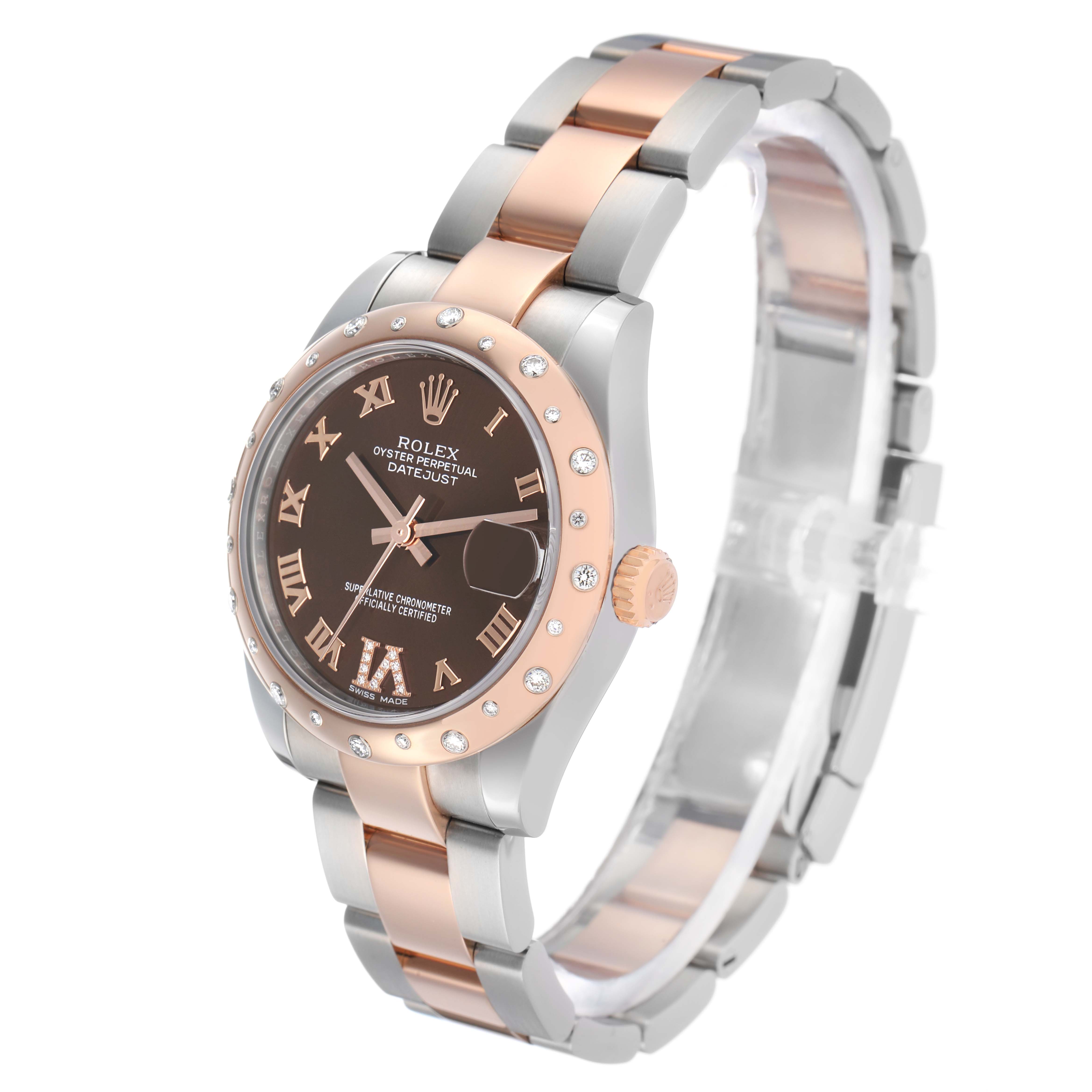 The Rolex Mid-Size 178341 Women's Steel and Gold (two tone) Brown Dial Datejust is shown at a three-quarter angle, highlighting the rose gold and silver bracelet, the diamond bezel, and the dial.