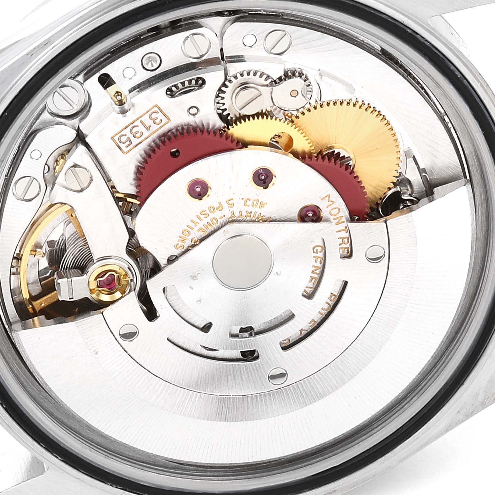 The image shows the internal movement and mechanism of a Rolex Datejust 16233 Men's Steel and Gold (two tone) Champagne Dial 16233 Men's Steel and Gold (two tone) Champagne Dial watch from a back view angle.