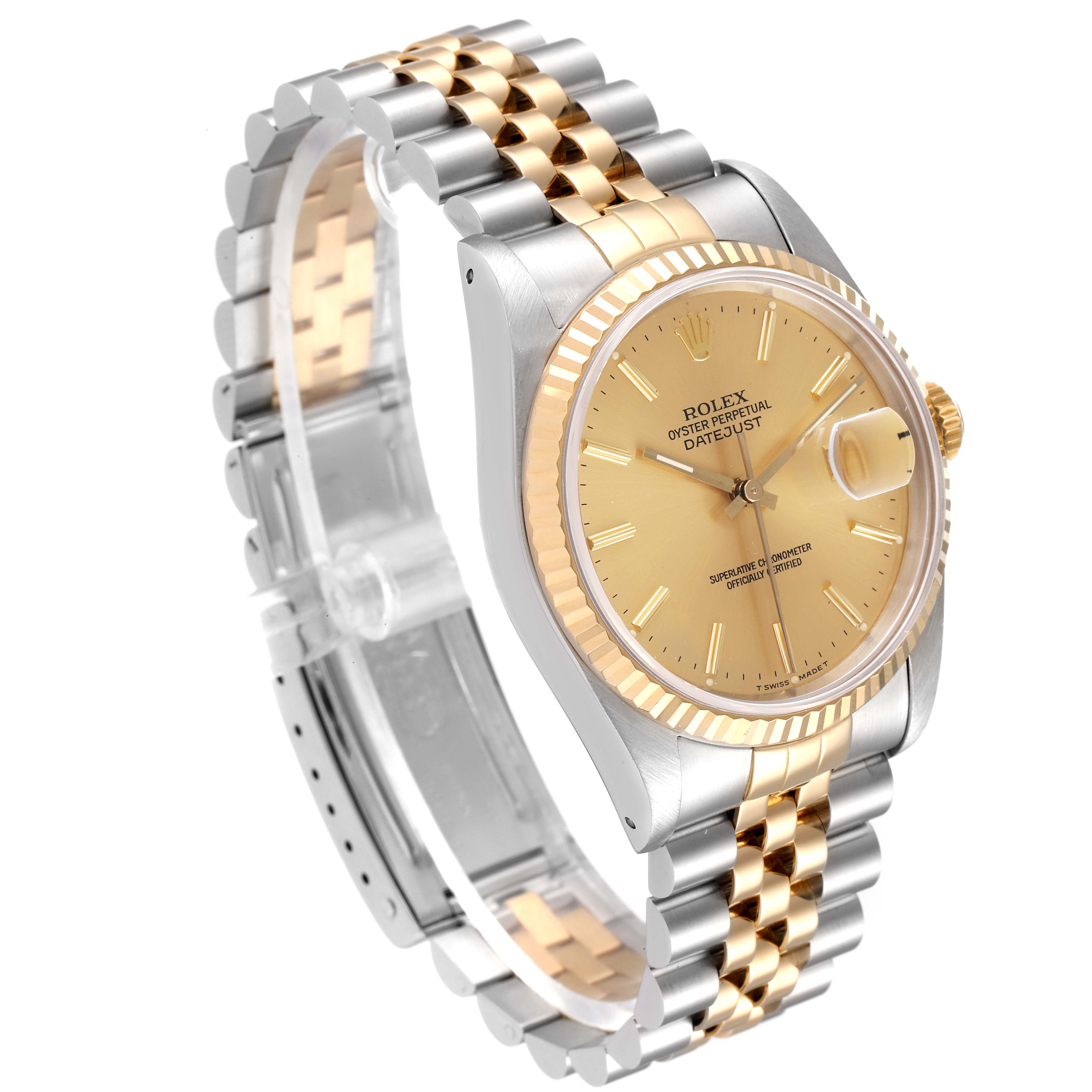 The Rolex Datejust 16233 Men's Steel and Gold (two tone) Champagne Dial 16233 Men's Steel and Gold (two tone) Champagne Dial watch is shown at a semi-side angle, featuring a gold dial, fluted bezel, and two-tone bracelet.