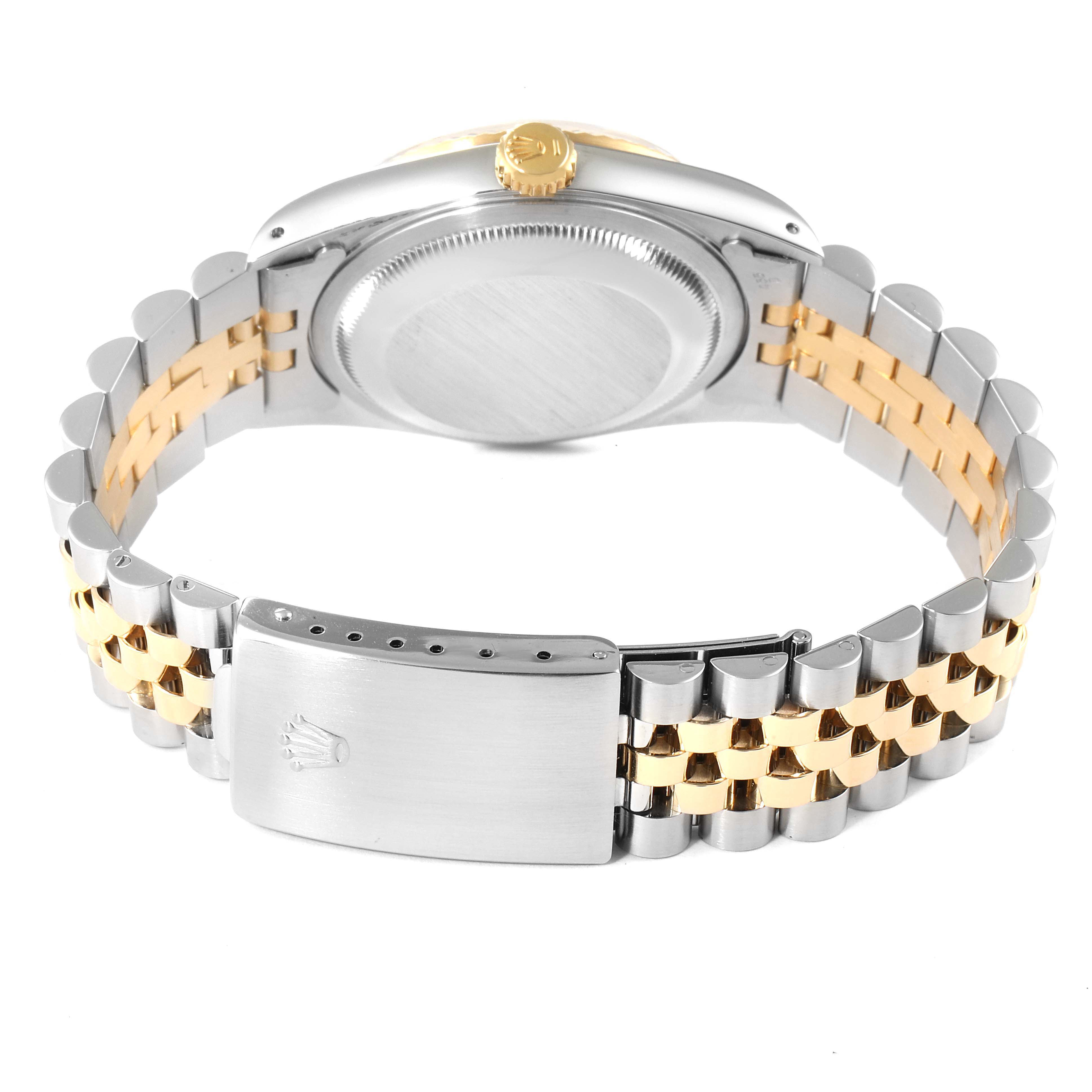 The image shows the case back, crown, and jubilee bracelet with a clasp of a Rolex Datejust 16233 Men's Steel and Gold (two tone) Champagne Dial 16233 Men's Steel and Gold (two tone) Champagne Dial watch from the rear angle.