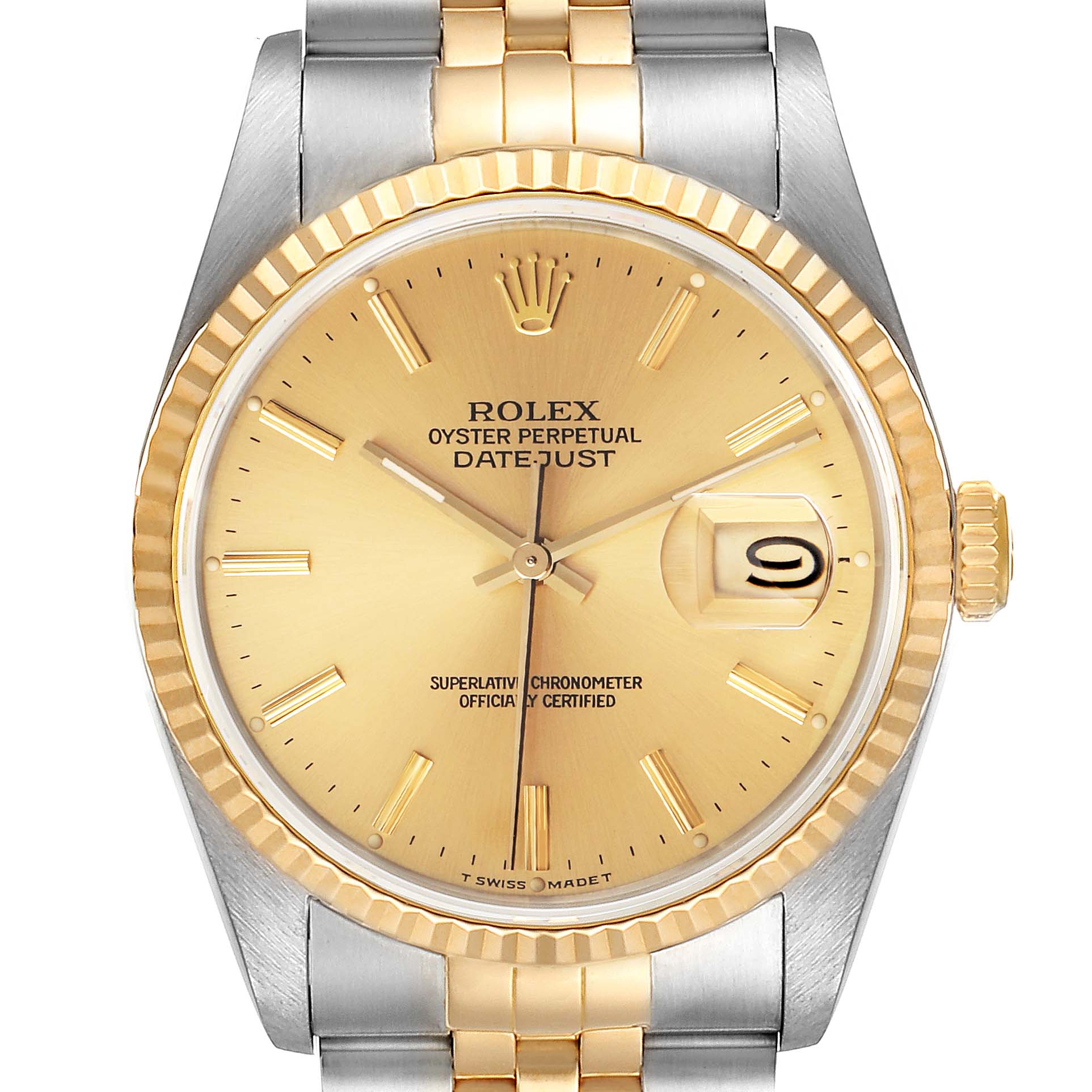 The image shows a front view of a Rolex Datejust 16233 Men's Steel and Gold (two tone) Champagne Dial 16233 Men's Steel and Gold (two tone) Champagne Dial watch, highlighting its gold dial, crown, hands, hour markers, fluted bezel, and two-tone bracelet.