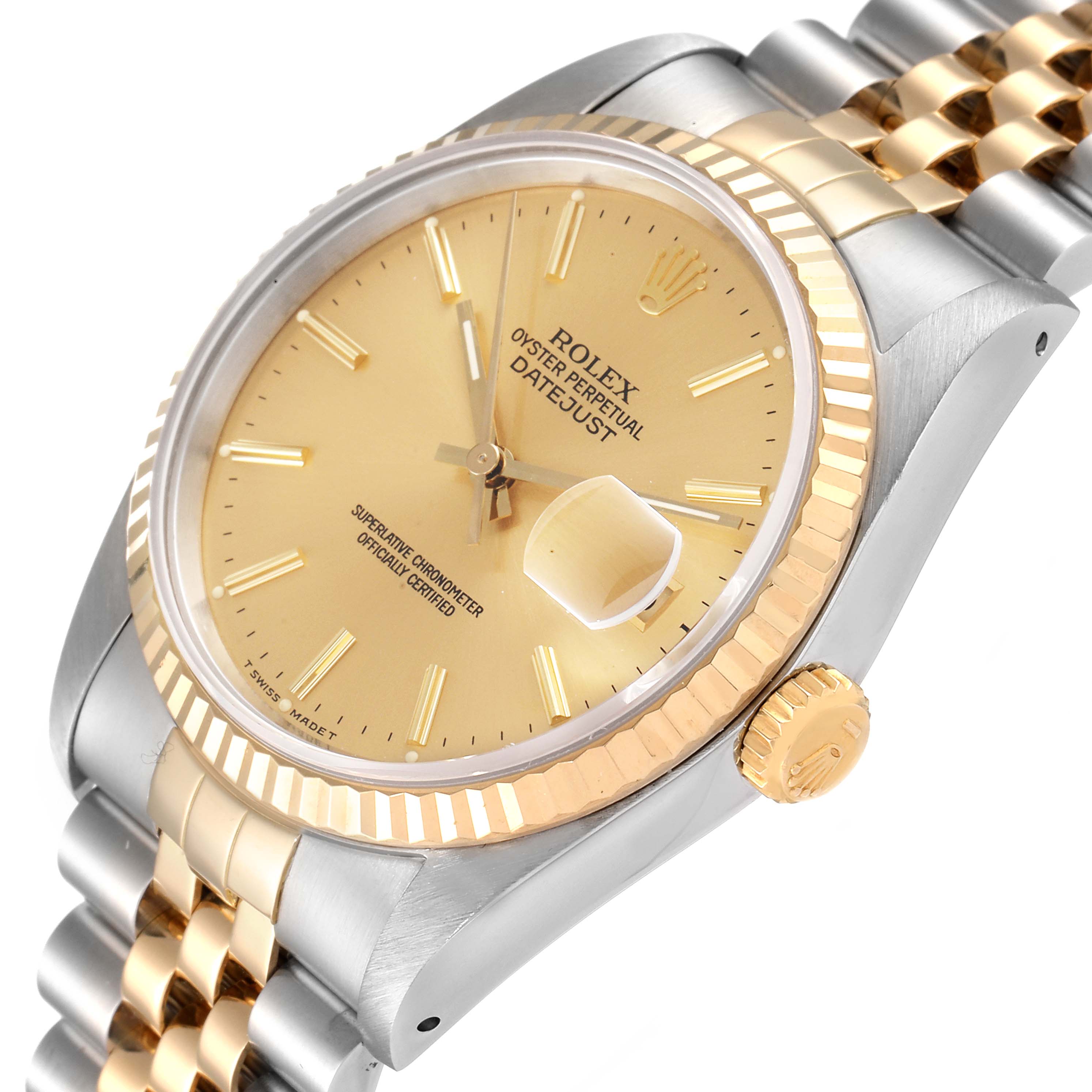 The image shows the Rolex Datejust 16233 Men's Steel and Gold (two tone) Champagne Dial 16233 Men's Steel and Gold (two tone) Champagne Dial watch at a slight angle, highlighting the bezel, dial, and part of the bracelet.
