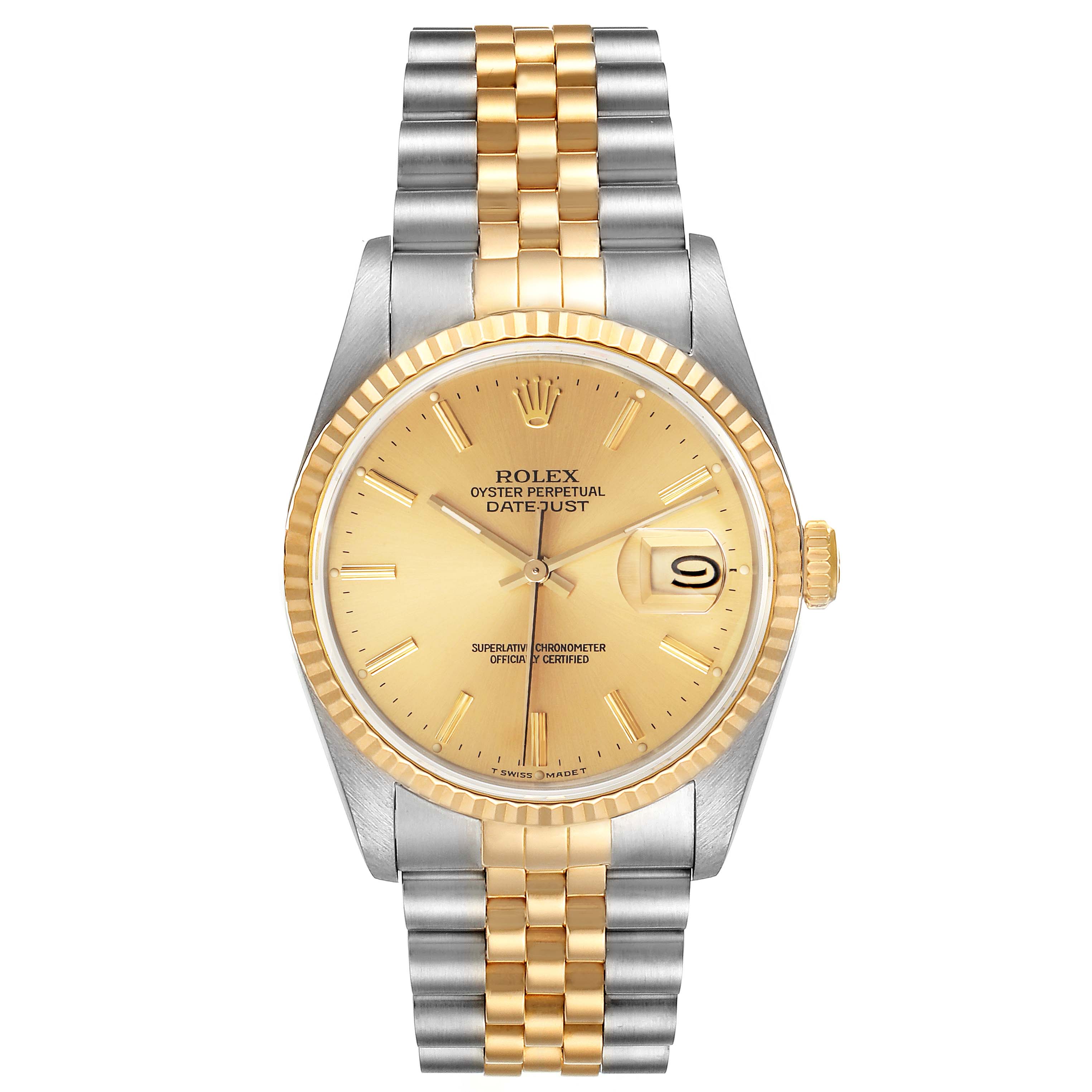 The image shows a front view of a Rolex Datejust 16233 Men's Steel and Gold (two tone) Champagne Dial 16233 Men's Steel and Gold (two tone) Champagne Dial watch, highlighting the gold and stainless steel bracelet, bezel, and dial with a date window.