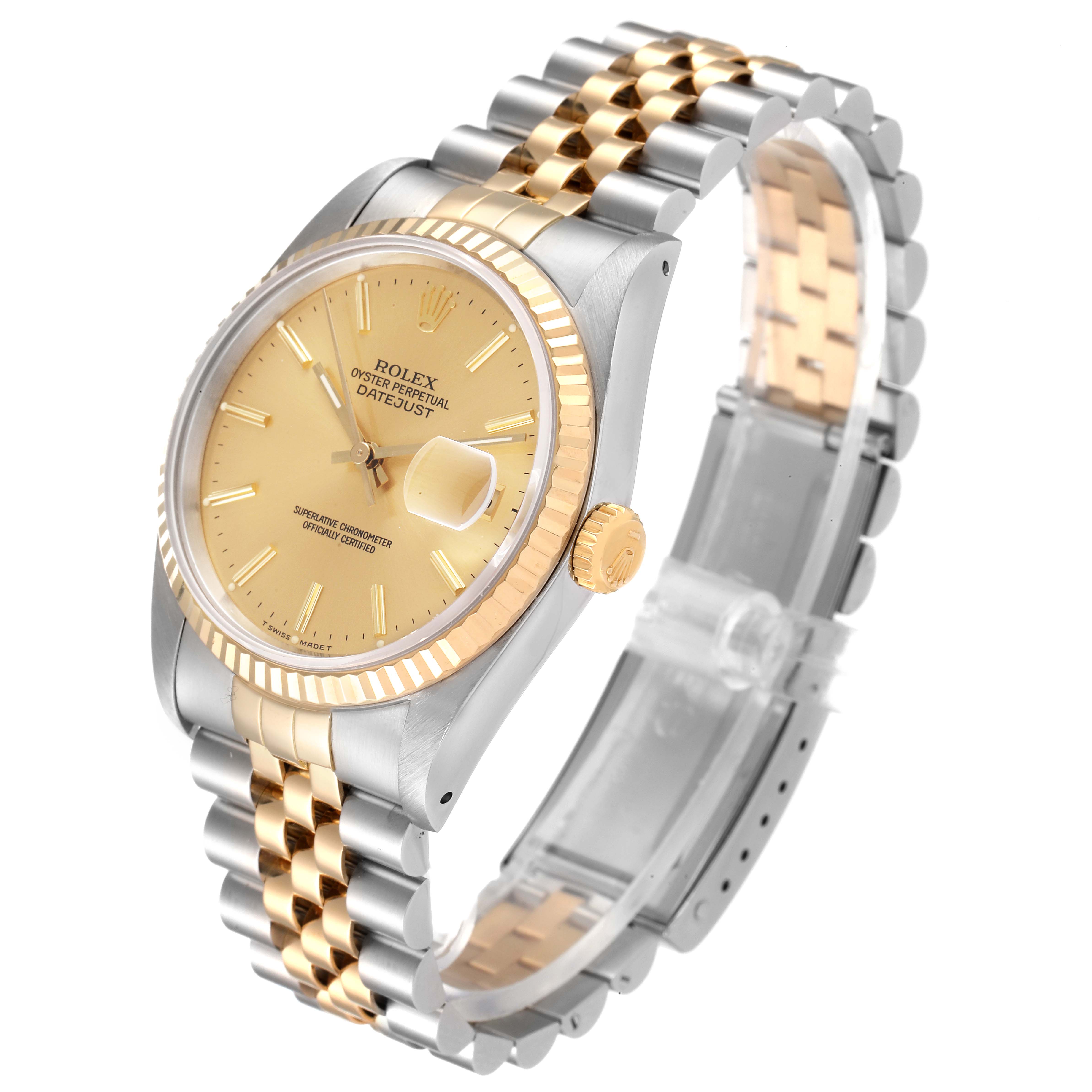 The Rolex Datejust 16233 Men's Steel and Gold (two tone) Champagne Dial 16233 Men's Steel and Gold (two tone) Champagne Dial watch is shown at an angled side view, highlighting the face, bezel, crown, and two-tone bracelet.