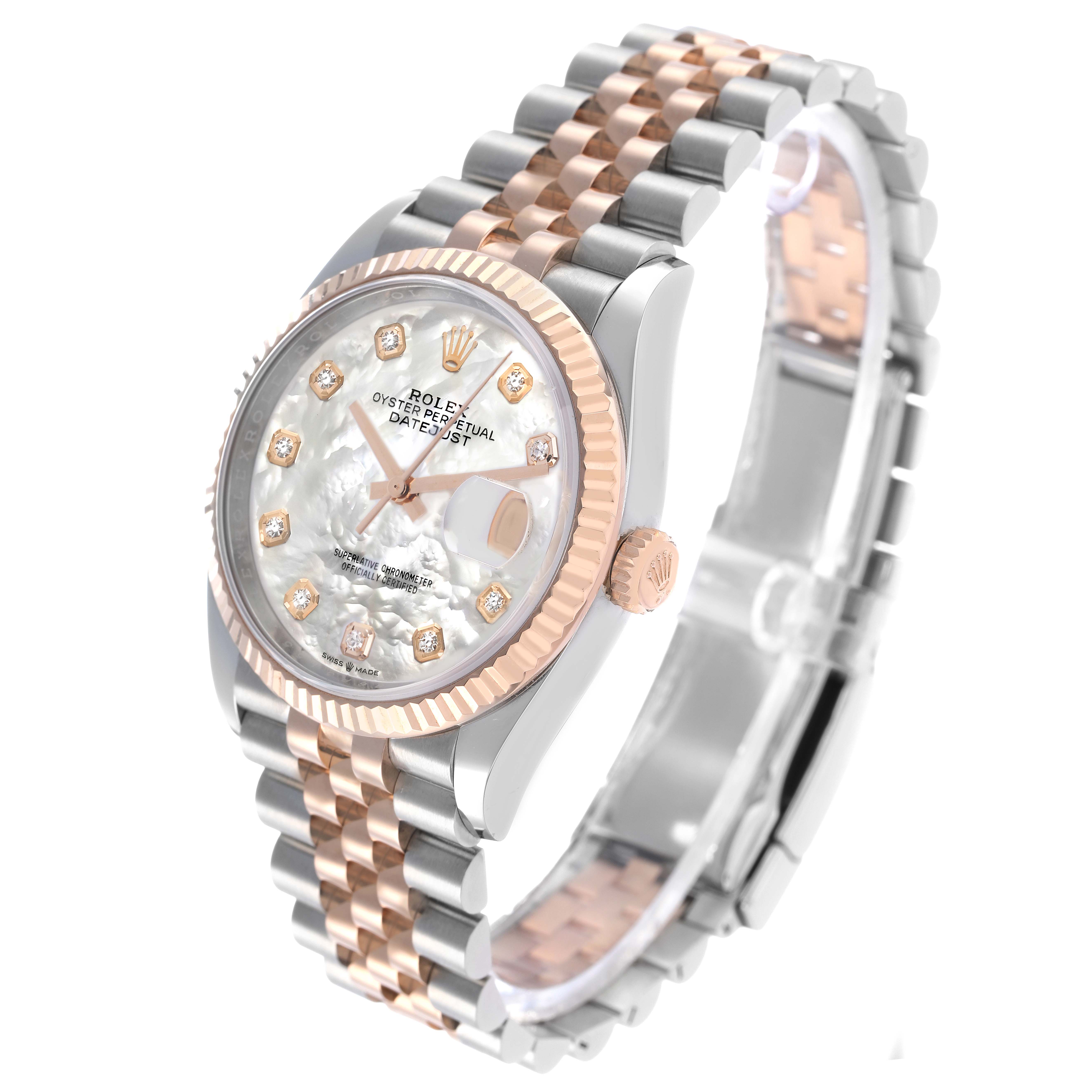 The Rolex Datejust 126231 Men's Steel and Gold (two tone) Mother of Pearl Dial watch is shown from an angled side view, displaying the face, bezel, two-tone bracelet, and crown.