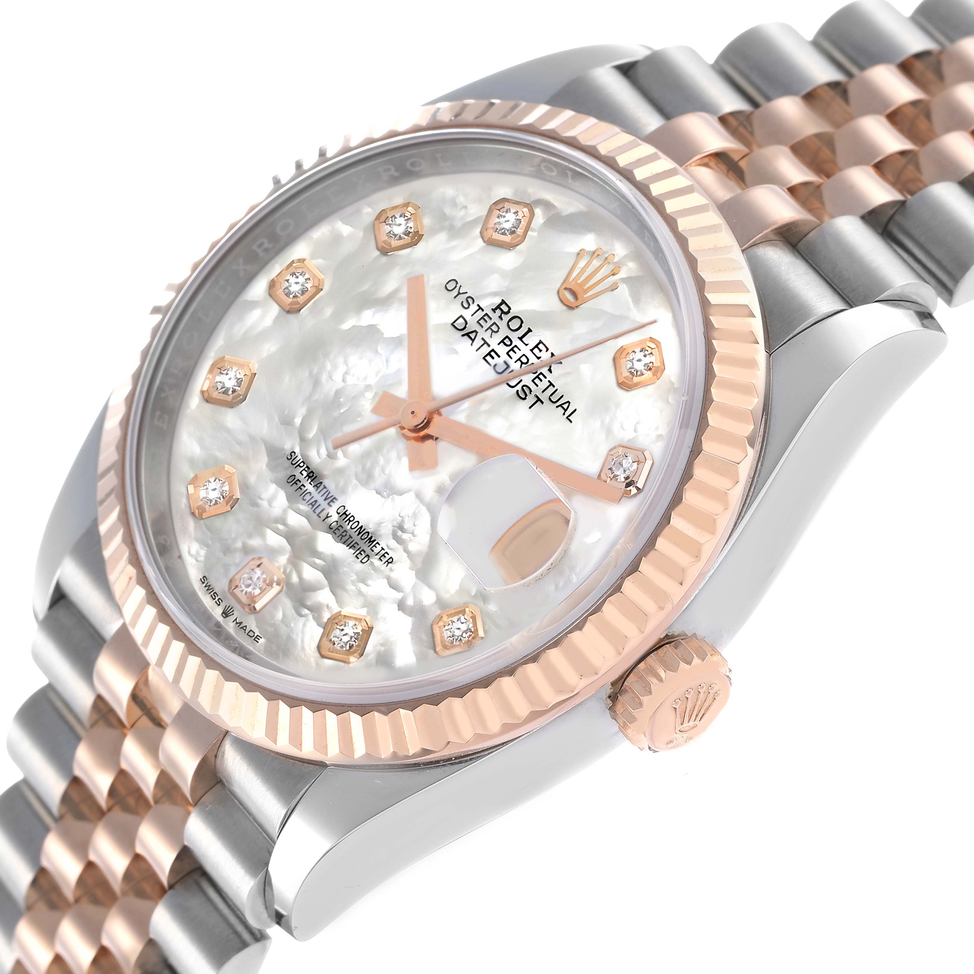 The Rolex Datejust 126231 Men's Steel and Gold (two tone) Mother of Pearl Dial watch is shown at a three-quarter angle, highlighting the dial, fluted bezel, crown, and part of the Jubilee bracelet.