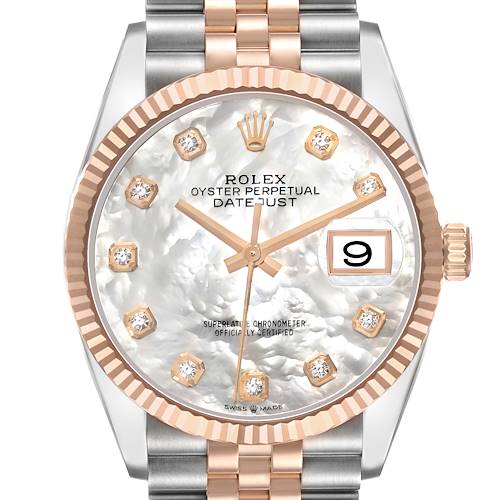 The Rolex Datejust 126231 Men's Steel and Gold (two tone) Mother of Pearl Dial watch is shown from the front, featuring its bezel, dial, hands, and part of the bracelet.
