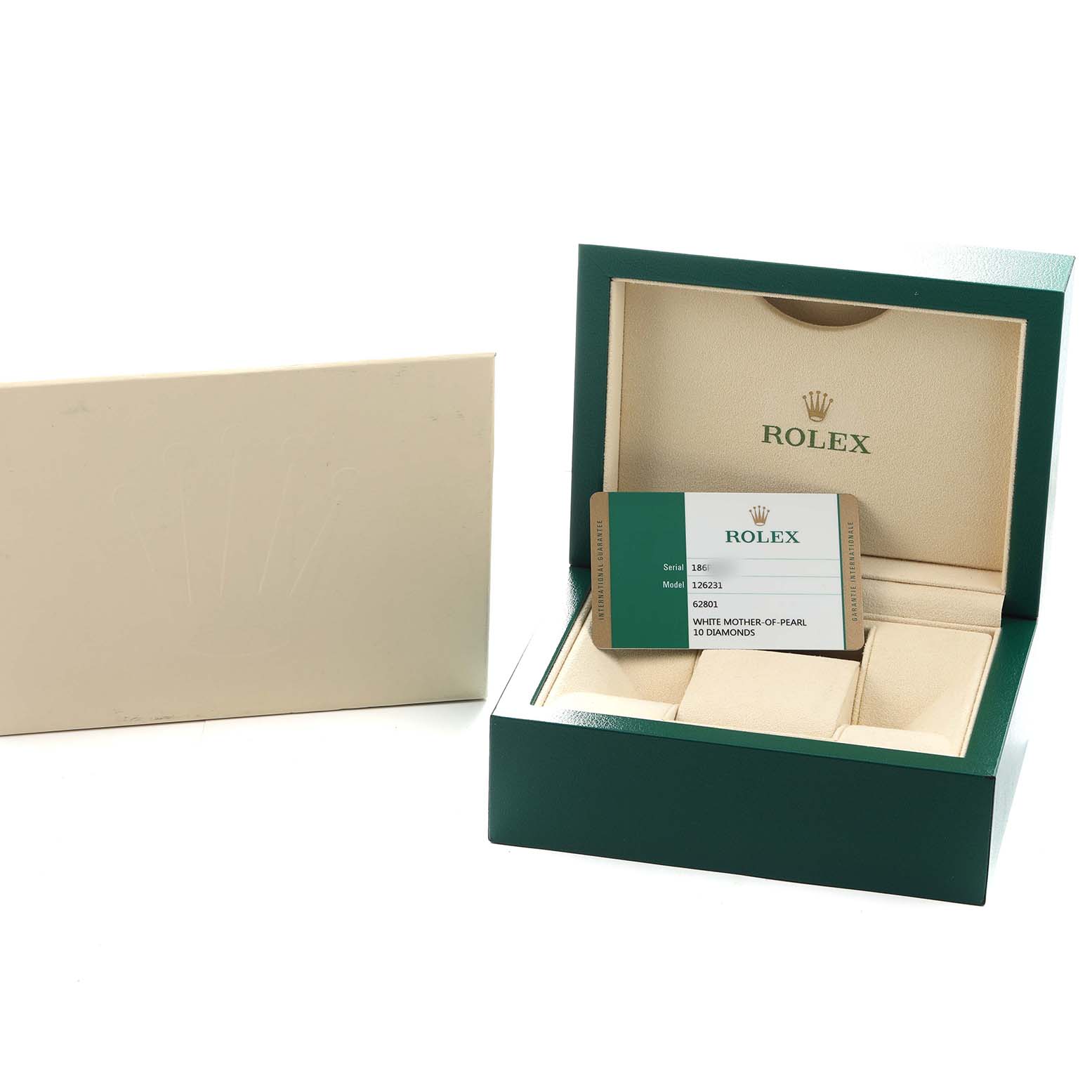 The image shows an open Rolex Datejust 126231 Men's Steel and Gold (two tone) Mother of Pearl Dial watch box at an angle, along with a warranty card and a separate outer box.