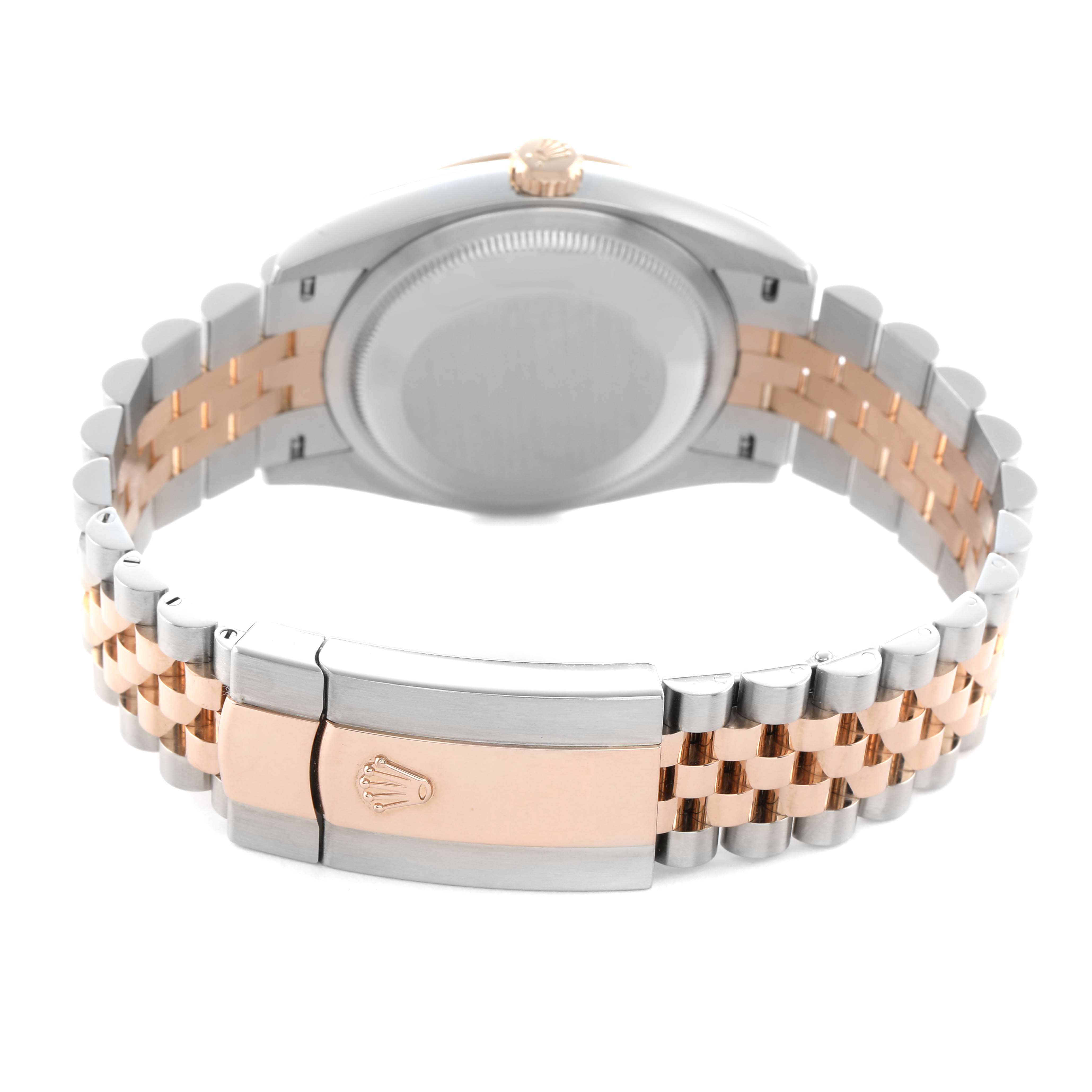 The image shows the back view of a Rolex Datejust 126231 Men's Steel and Gold (two tone) Mother of Pearl Dial watch with a two-tone bracelet and closed clasp.