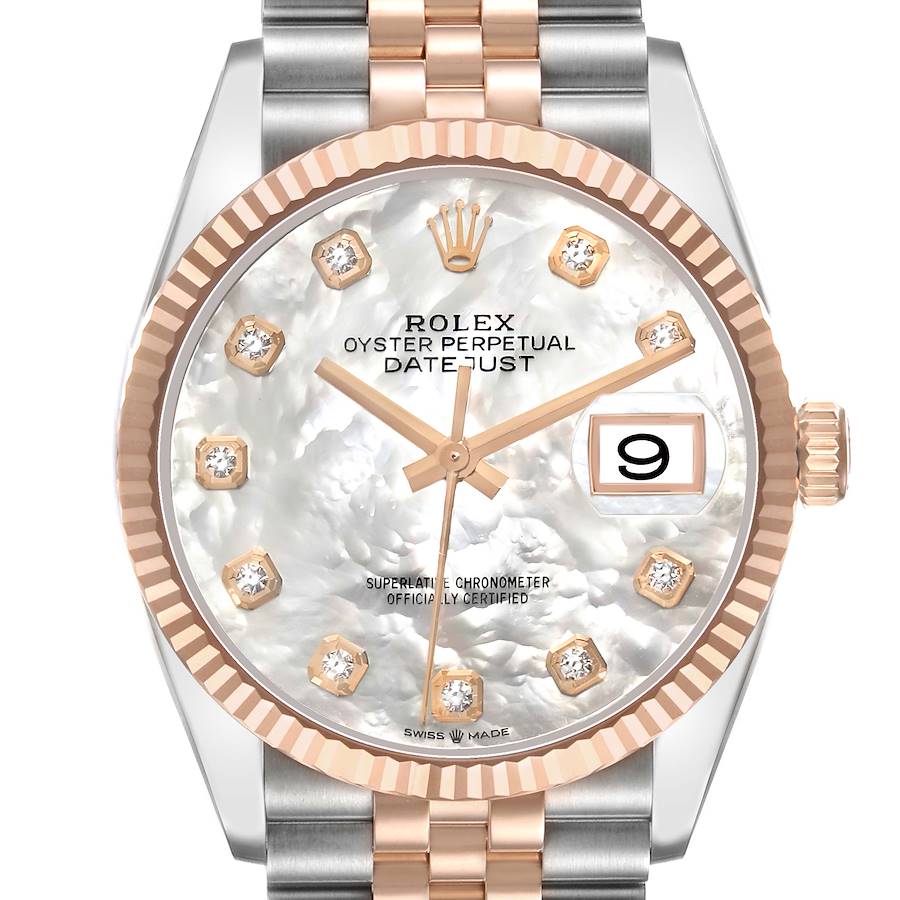The Rolex Datejust 126231 Men's Steel and Gold (two tone) Mother of Pearl Dial watch is shown from the front, highlighting its dial, hands, date window, bezel, and part of the bracelet.