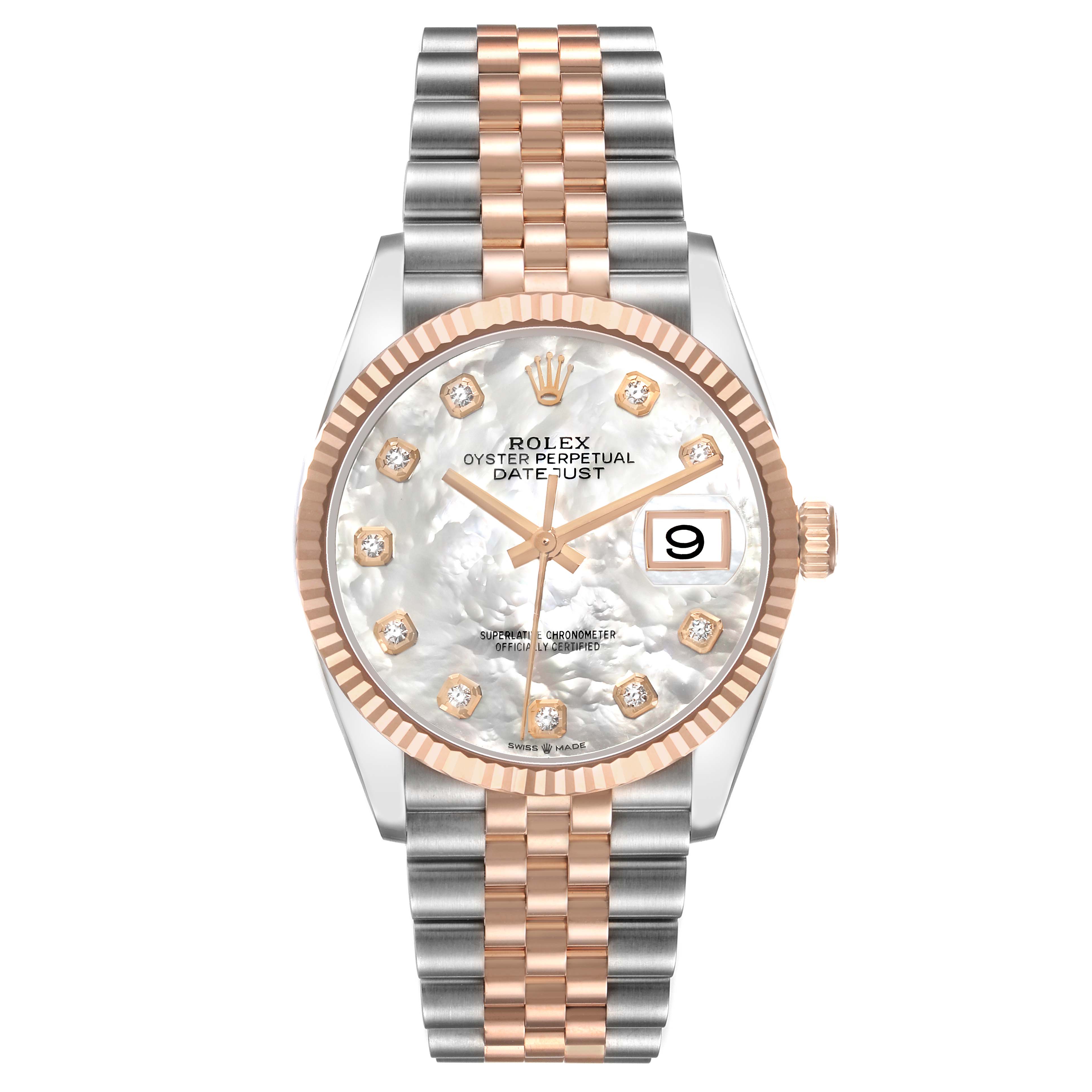 The Rolex Datejust 126231 Men's Steel and Gold (two tone) Mother of Pearl Dial watch is shown from a front angle, highlighting the dial, bezel, and two-tone bracelet.
