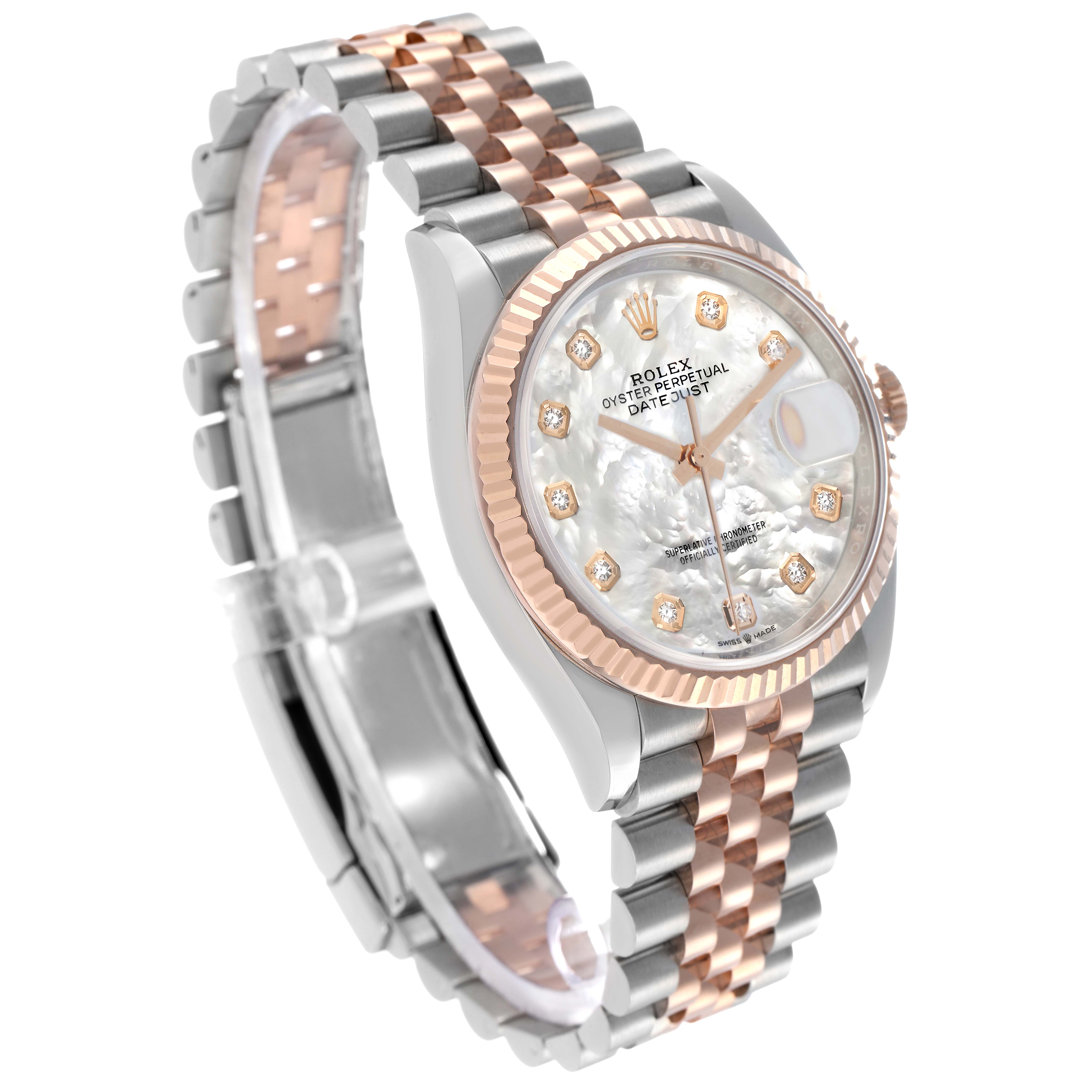 The Rolex Datejust 126231 Men's Steel and Gold (two tone) Mother of Pearl Dial watch is shown at an angled side view, highlighting its face, fluted bezel, and Jubilee bracelet.
