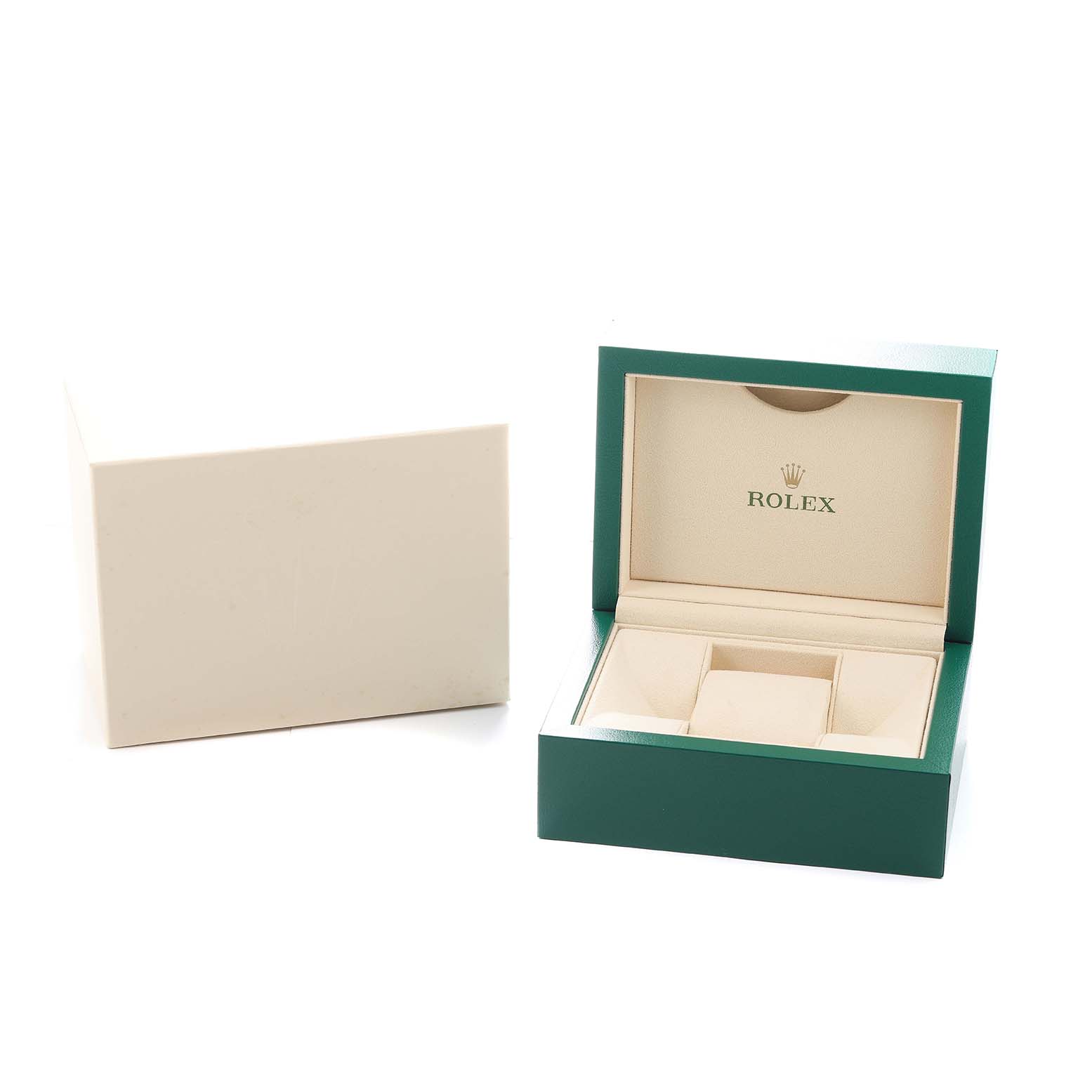 The image shows an open green Rolex Datejust 279381 Women's Steel and Gold (two tone) Mother of Pearl Dial watch box with an inner beige compartment and a closed outer box beside it.