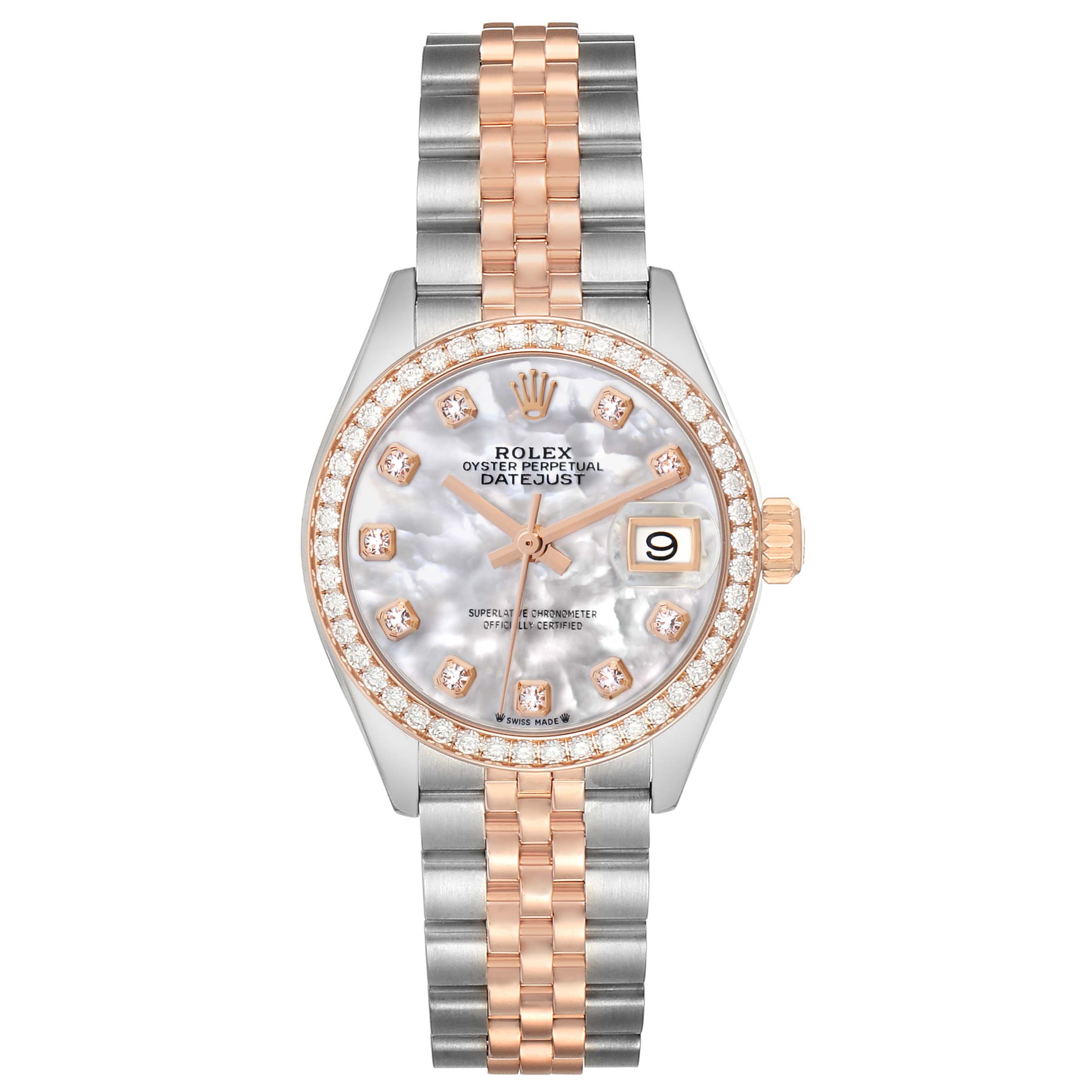 The Rolex Datejust 279381 Women's Steel and Gold (two tone) Mother of Pearl Dial watch is shown from a top-down angle, displaying the face, bezel, and jubilee bracelet.